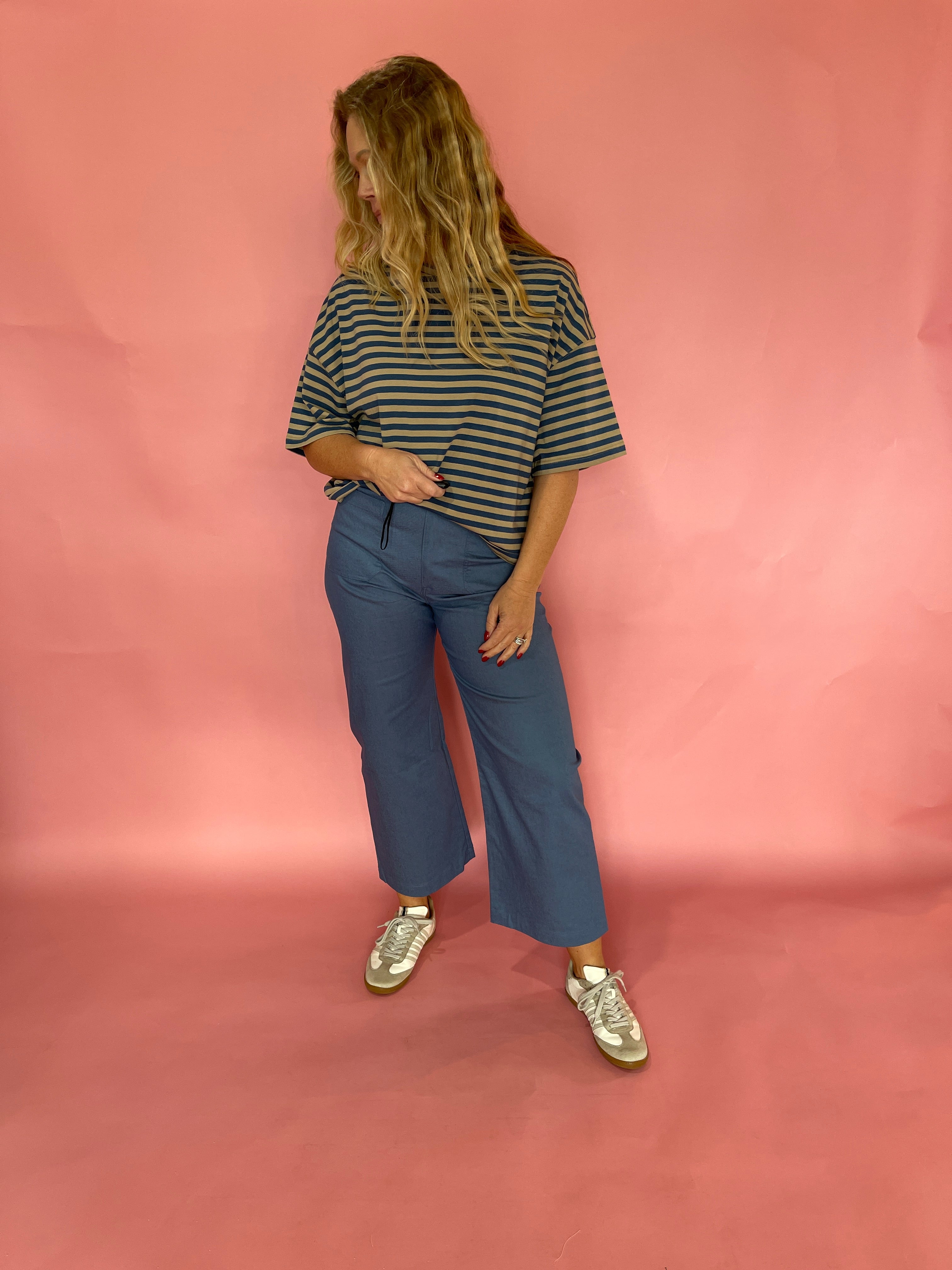 Blue and Brown Striped Oversized Boyfriend Tee