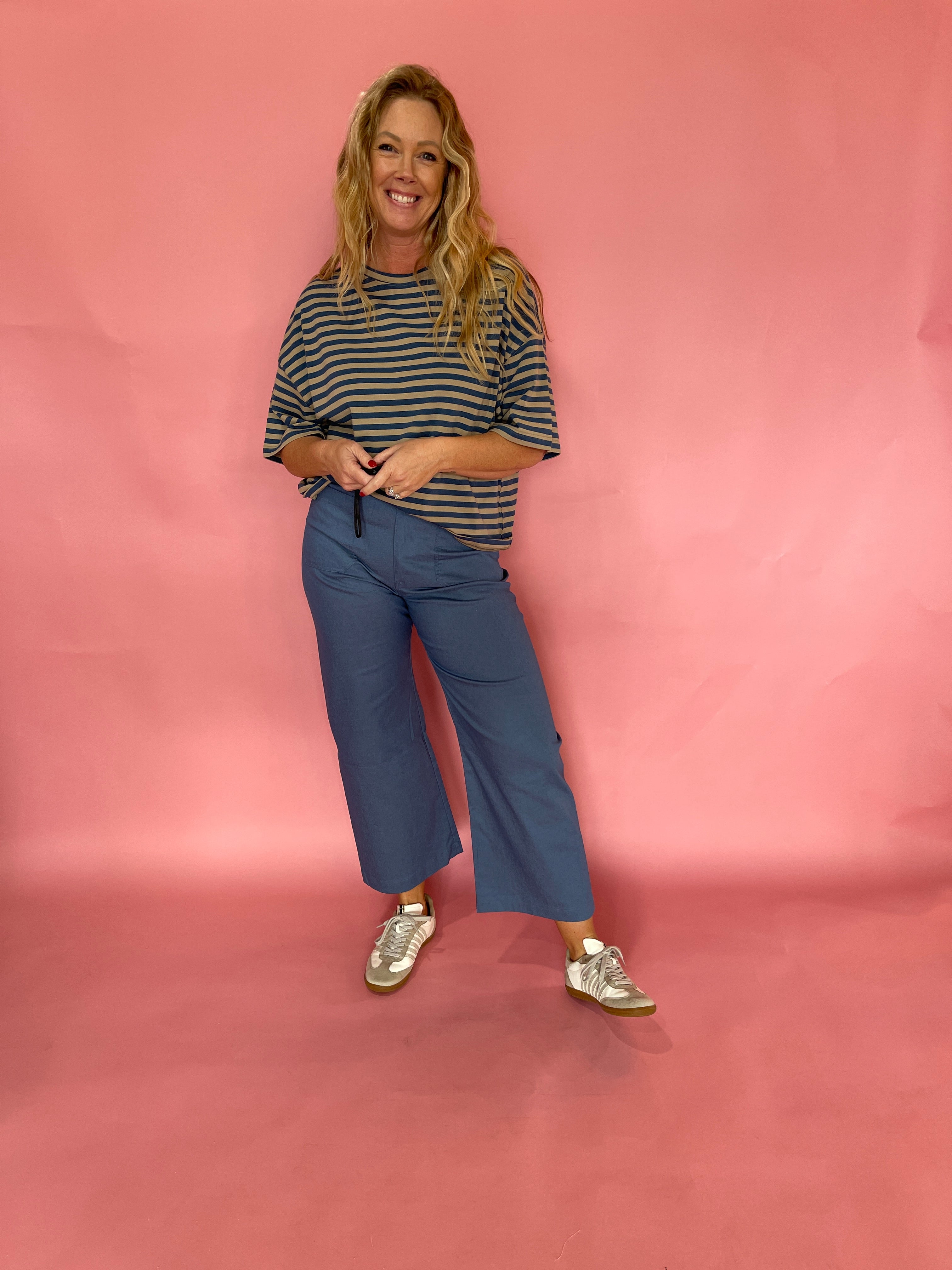 Blue and Brown Striped Oversized Boyfriend Tee