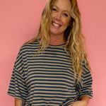 Blue and Brown Striped Oversized Boyfriend Tee