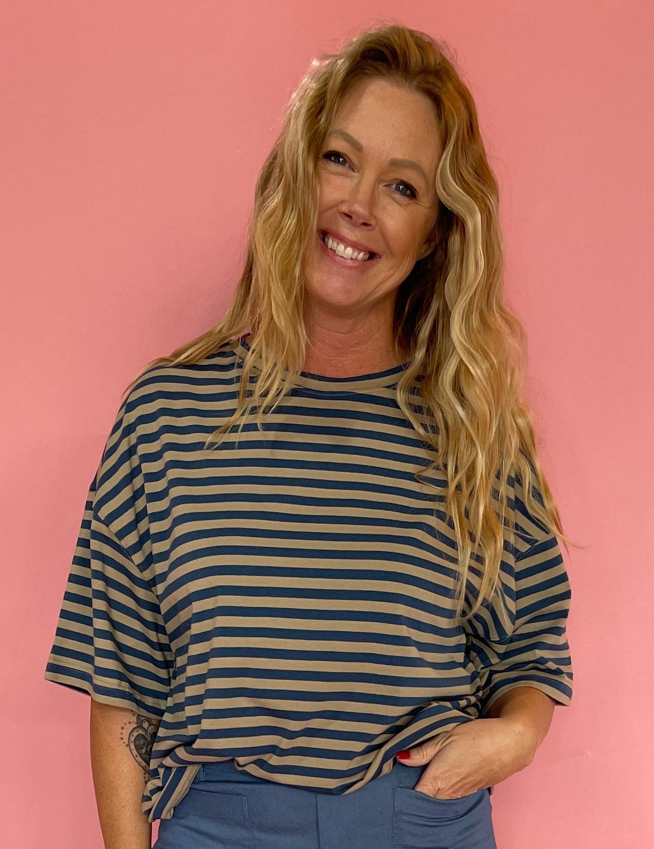 Blue and Brown Striped Oversized Boyfriend Tee