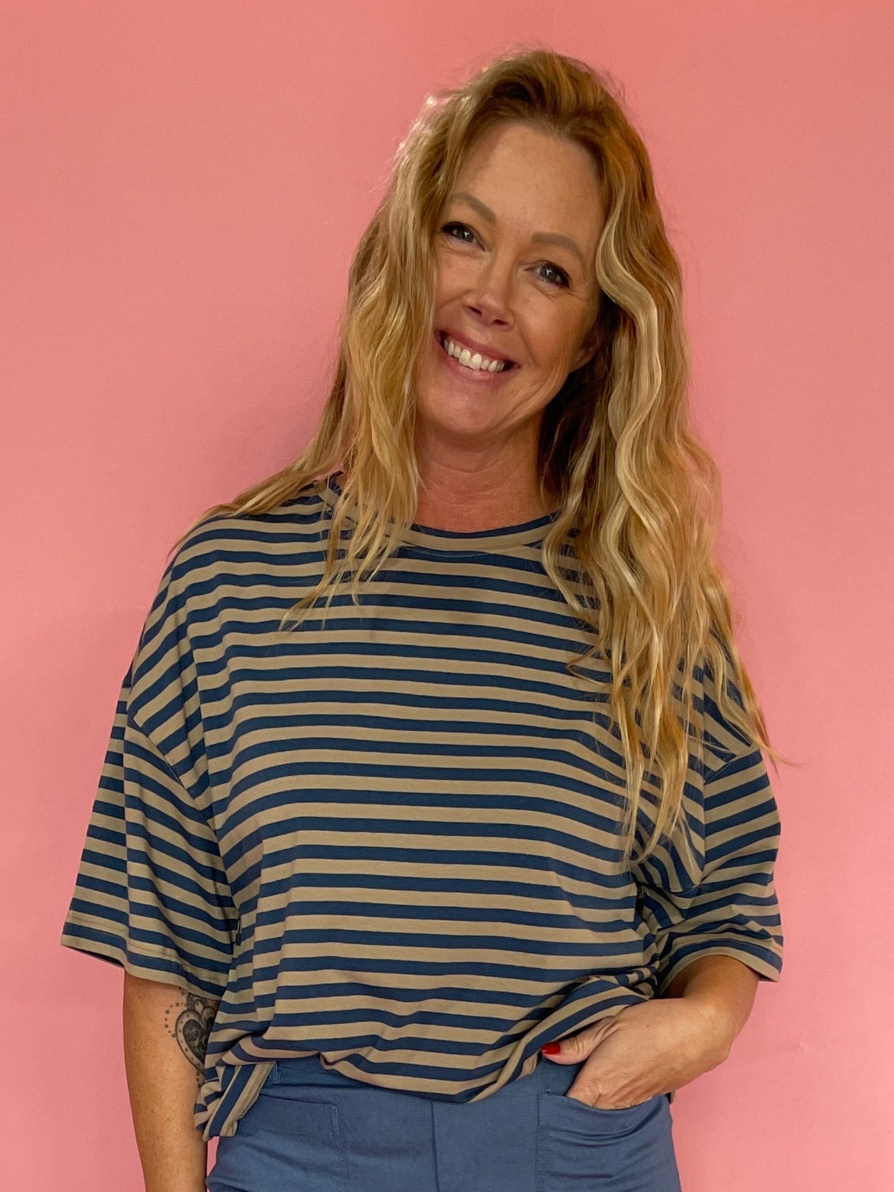 Blue and Brown Striped Oversized Boyfriend Tee