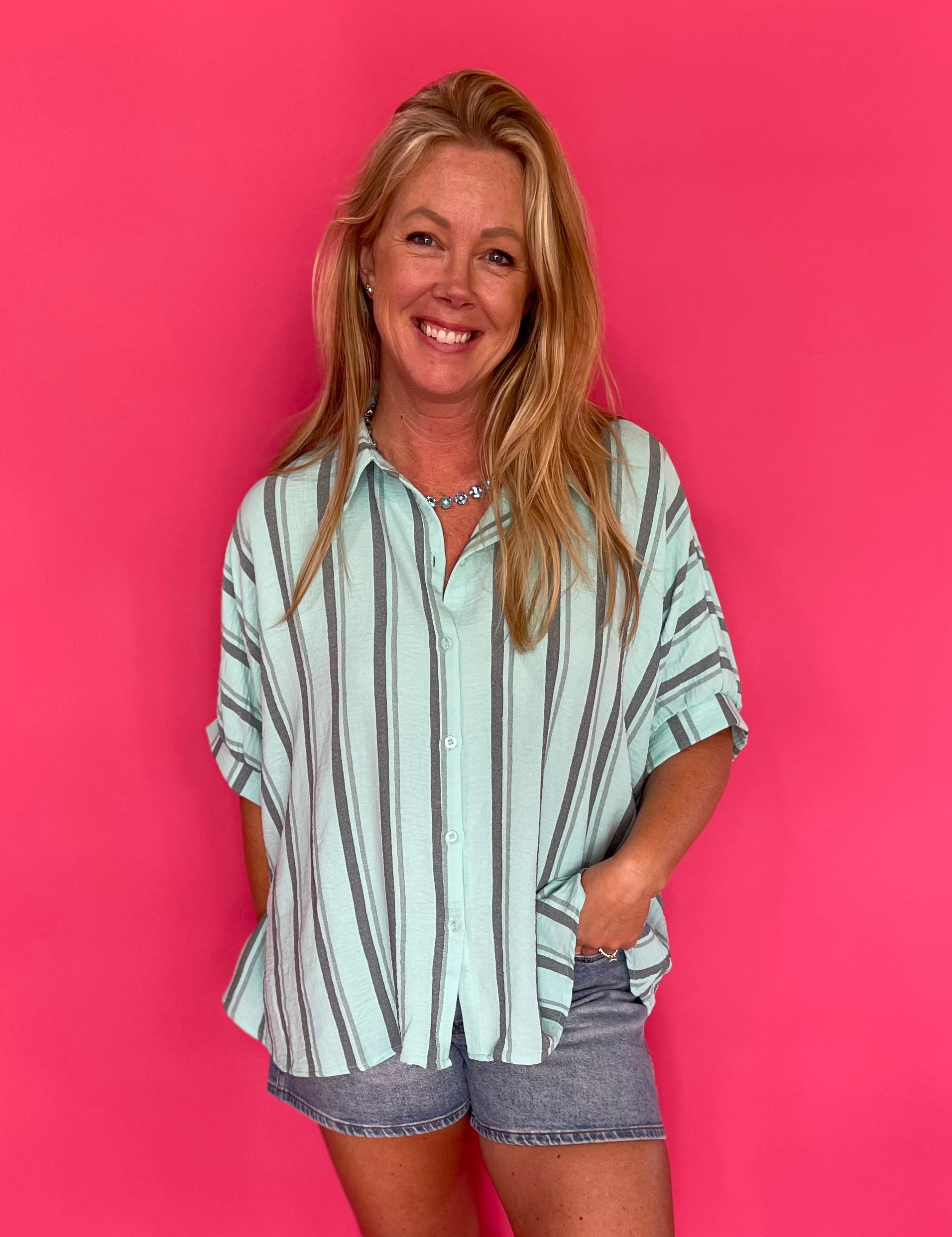 Blush Breeze Oversized Button Down in Mint - Shabby 2 Chic Boutiques