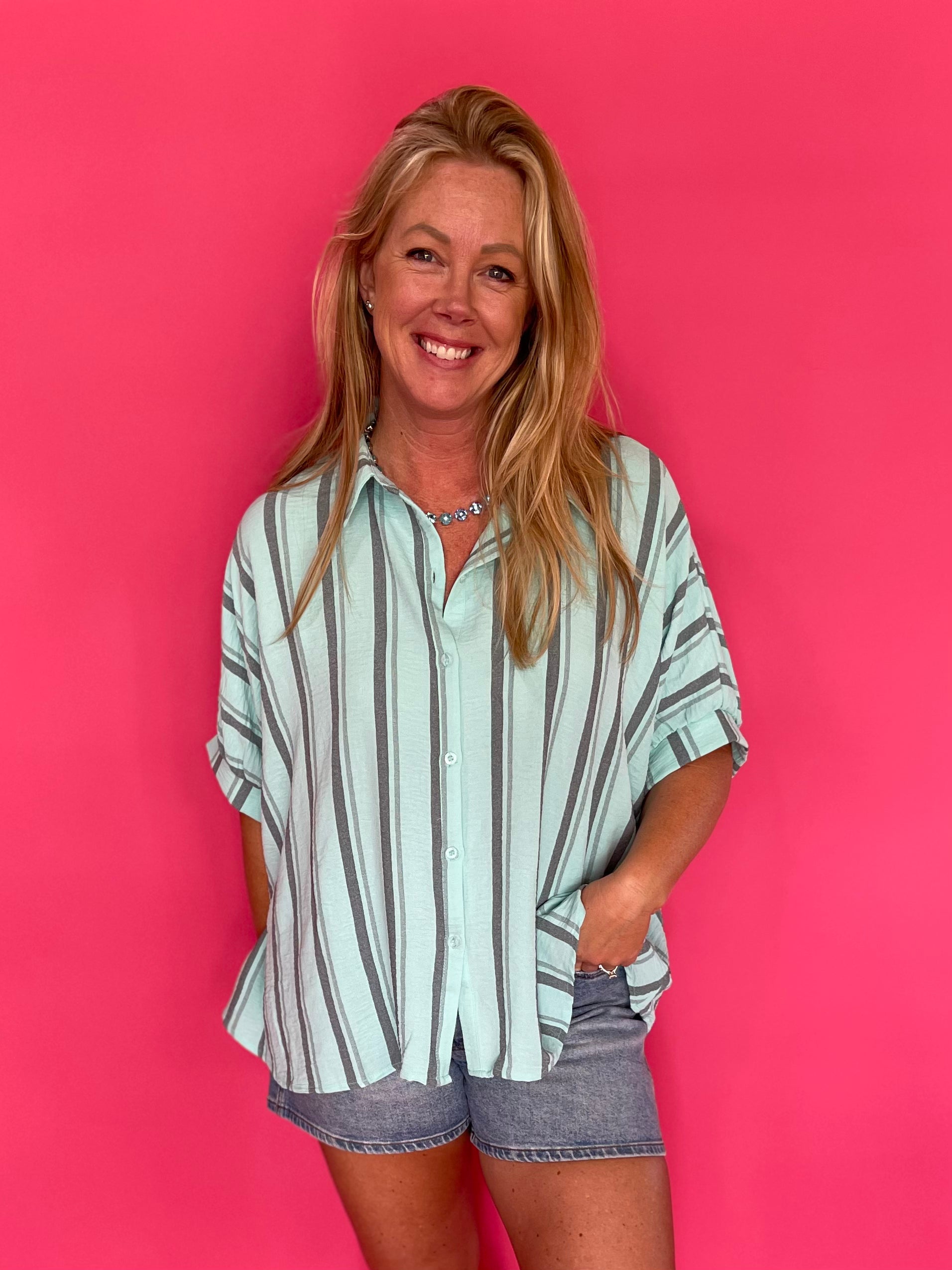 Blush Breeze Oversized Button Down in Mint - Shabby 2 Chic Boutiques