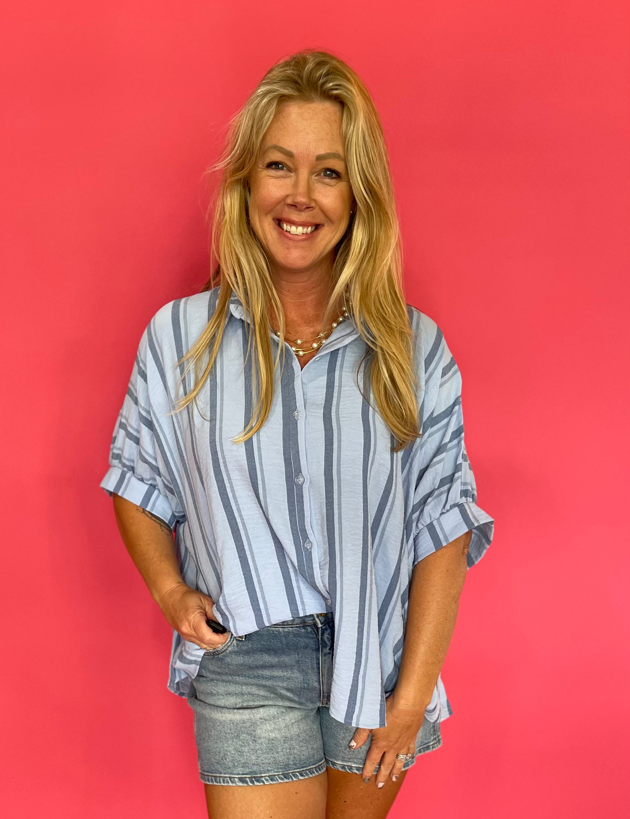 Blush Breeze Oversized Button Down in Spring Blue - Shabby 2 Chic Boutiques
