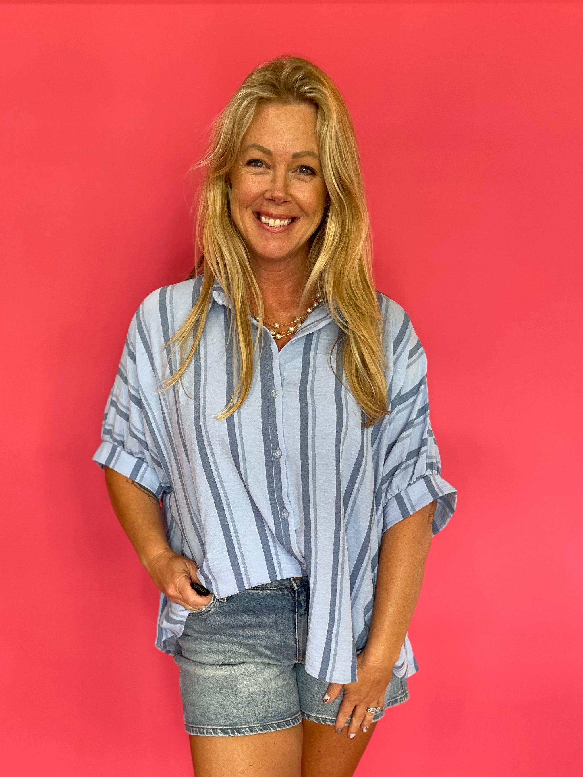 Blush Breeze Oversized Button Down in Spring Blue - Shabby 2 Chic Boutiques