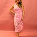 Blush Elegance: Embroidered Lace Midi Dress in Pink