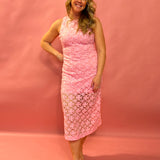 Blush Elegance: Embroidered Lace Midi Dress in Pink