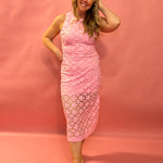 Blush Elegance: Embroidered Lace Midi Dress in Pink