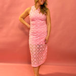 Blush Elegance: Embroidered Lace Midi Dress in Pink