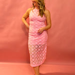 Blush Elegance: Embroidered Lace Midi Dress in Pink