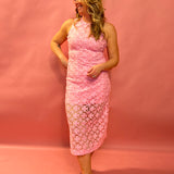 Blush Elegance: Embroidered Lace Midi Dress in Pink