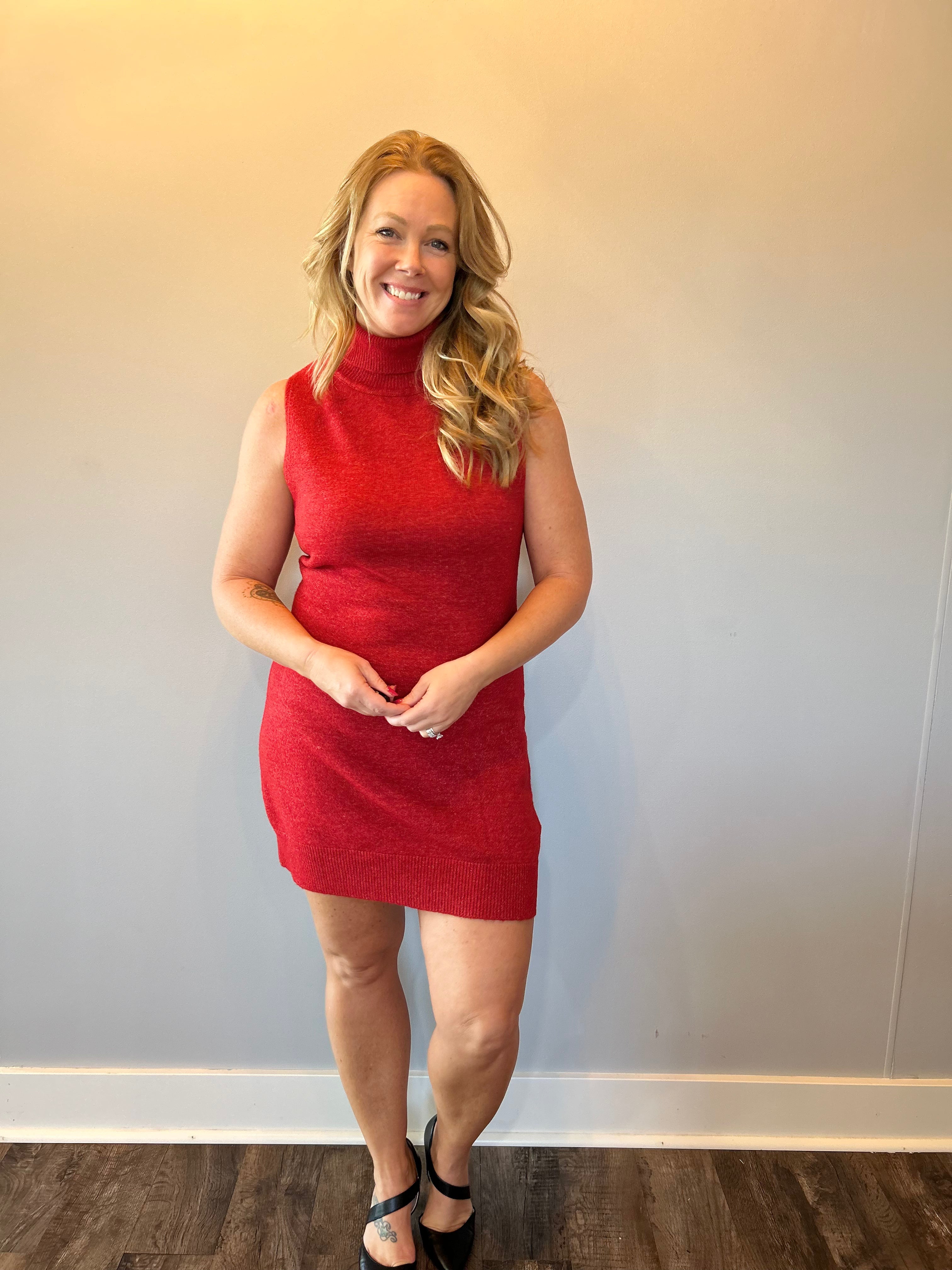 red sleeveless sweater dress Bold Move Sleeveless Sweater Dress Small / Red
