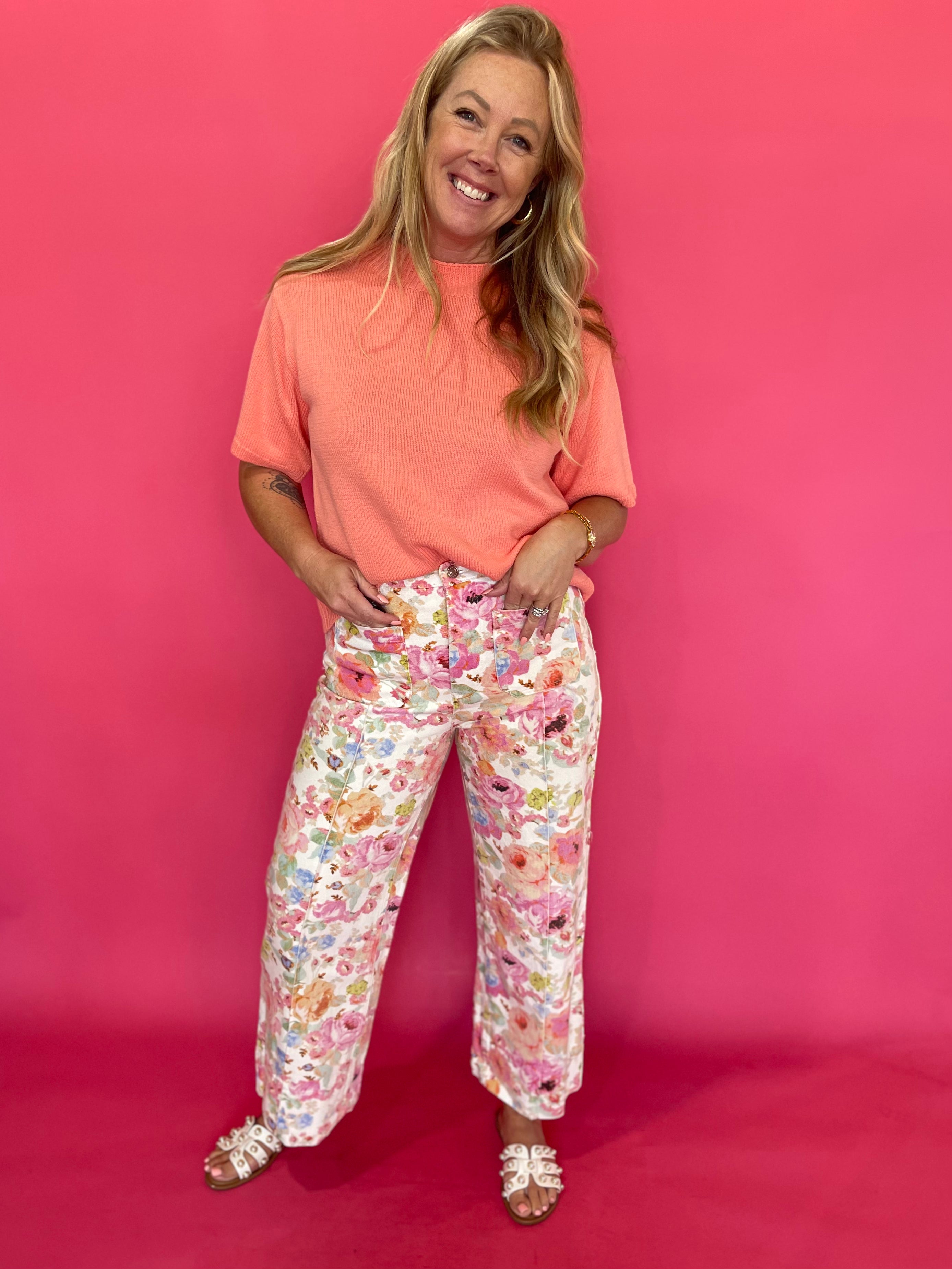 Botanical Print Wide Leg Pants