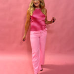 Breezy Luxe: Linen Wide-Leg Pants with Tasseled Drawstring in Pink