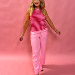 Breezy Luxe: Linen Wide-Leg Pants with Tasseled Drawstring in Pink