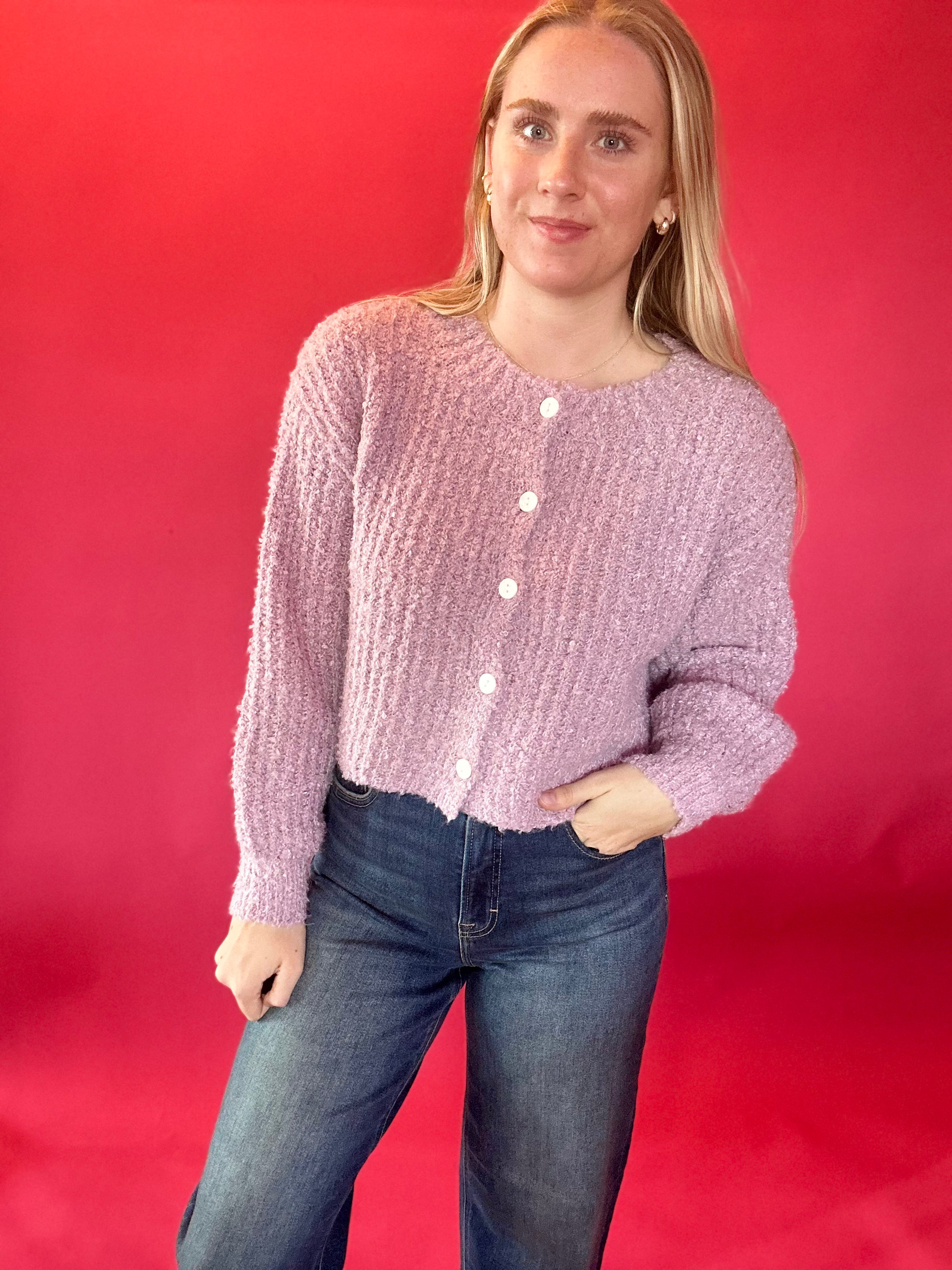 Buttoned Bliss Fluffy Knit Sweater in Pink