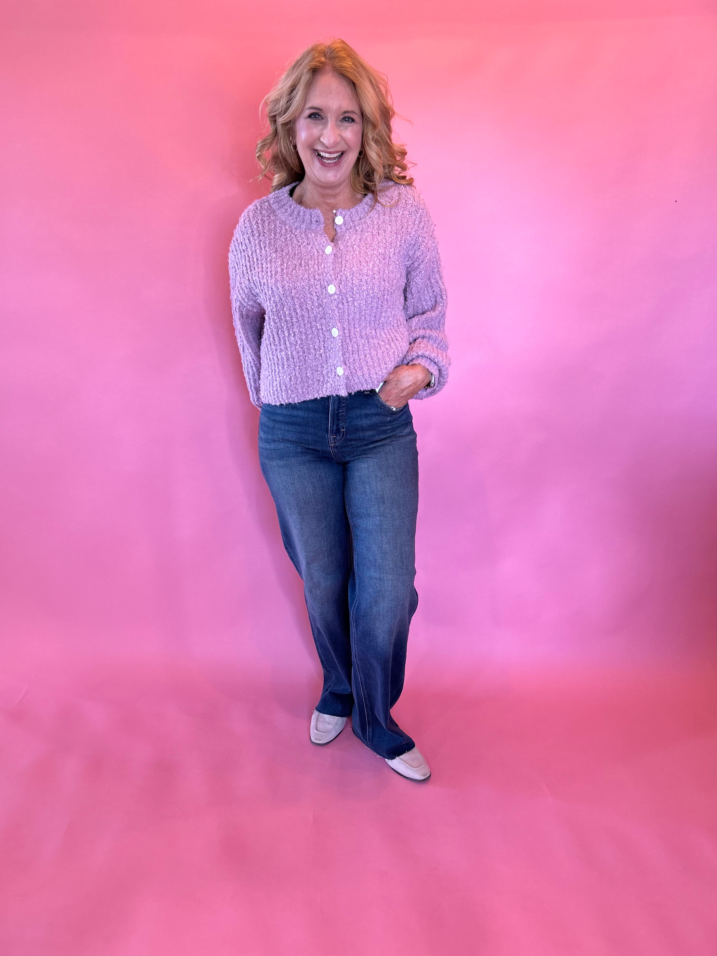 Buttoned Bliss Fluffy Knit Sweater in Pink