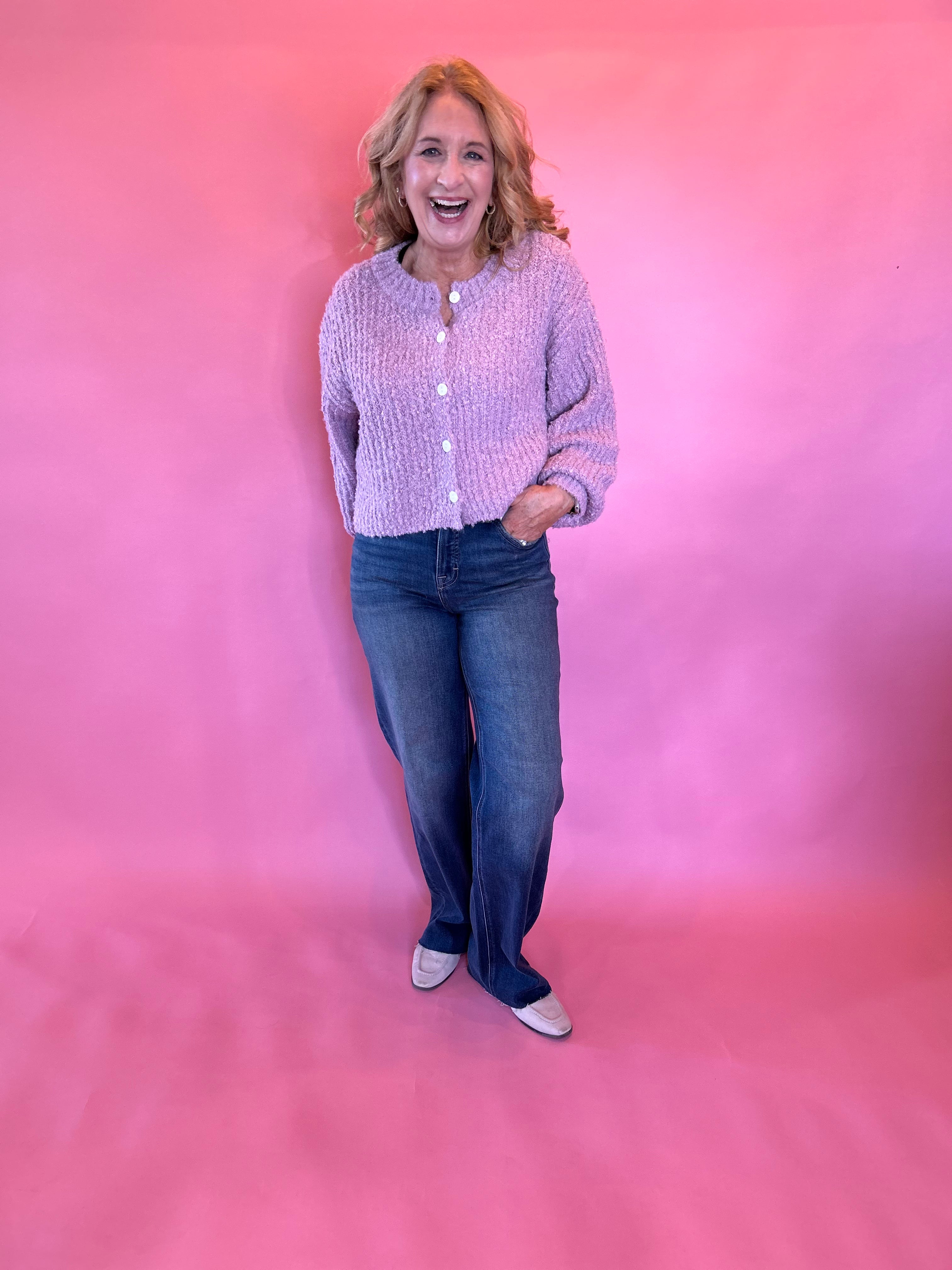 Buttoned Bliss Fluffy Knit Sweater in Pink