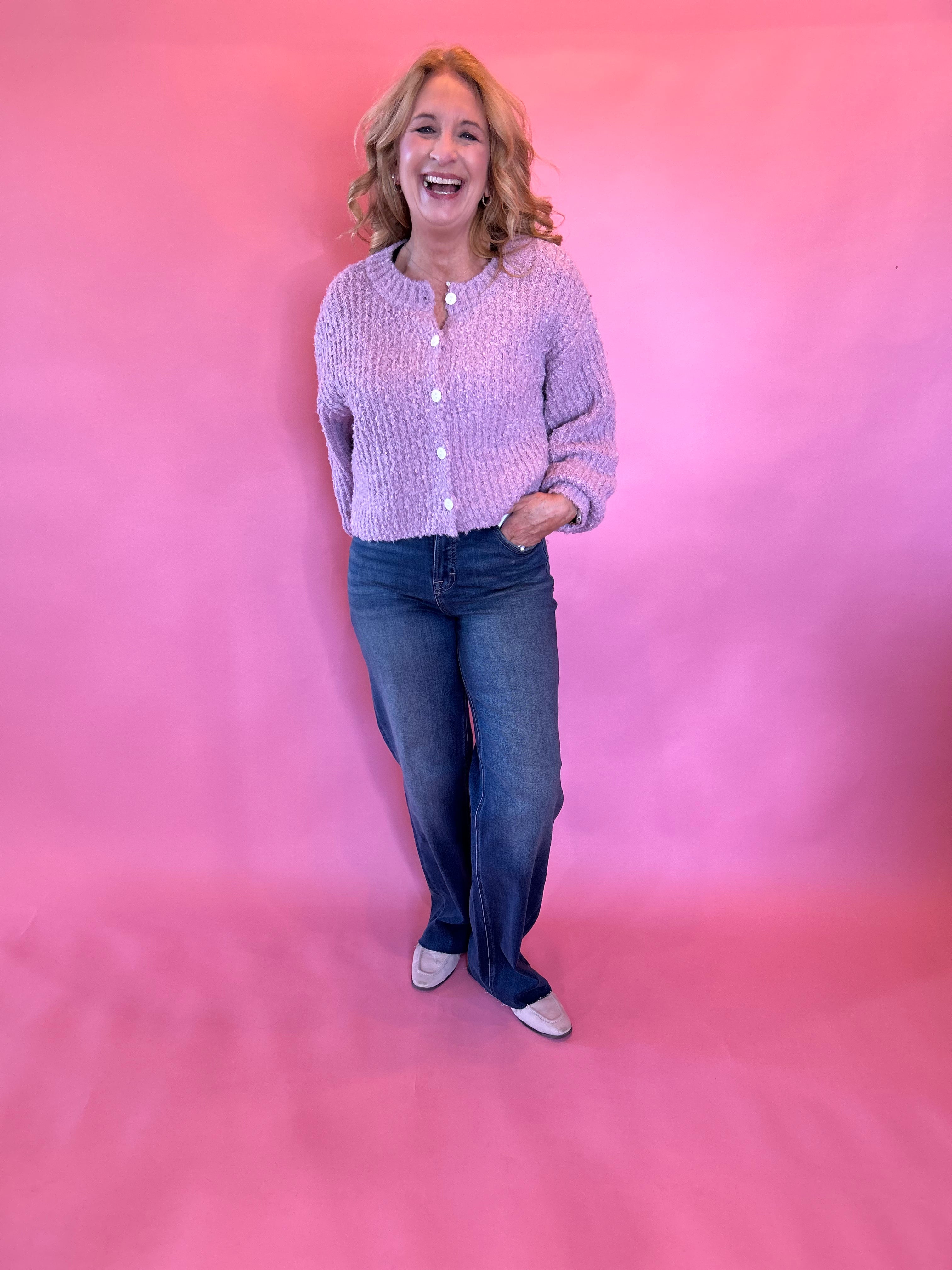 Buttoned Bliss Fluffy Knit Sweater in Pink