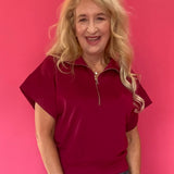 Cabernet Scuba Knit Half Zip Mock Neck Top