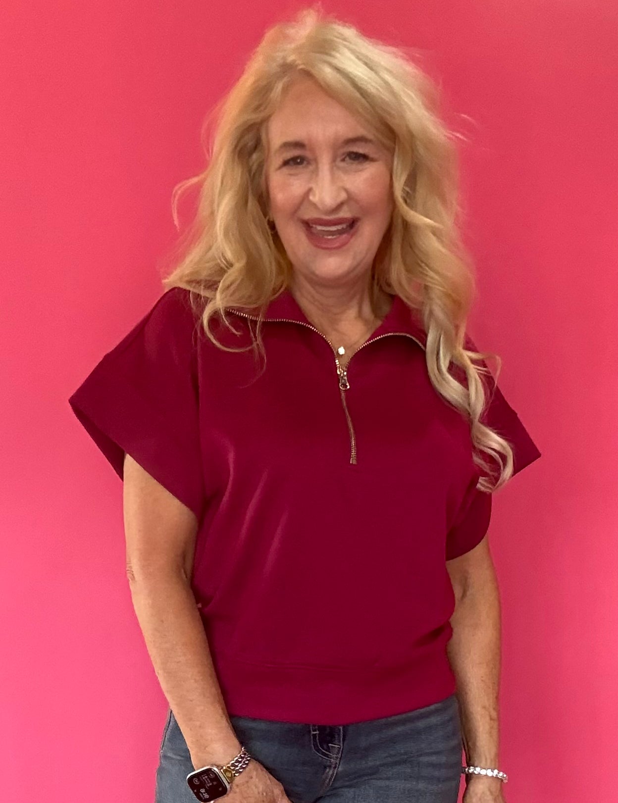 Cabernet Scuba Knit Half Zip Mock Neck Top