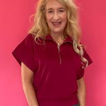 Cabernet Scuba Knit Half Zip Mock Neck Top