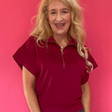 Cabernet Scuba Knit Half Zip Mock Neck Top