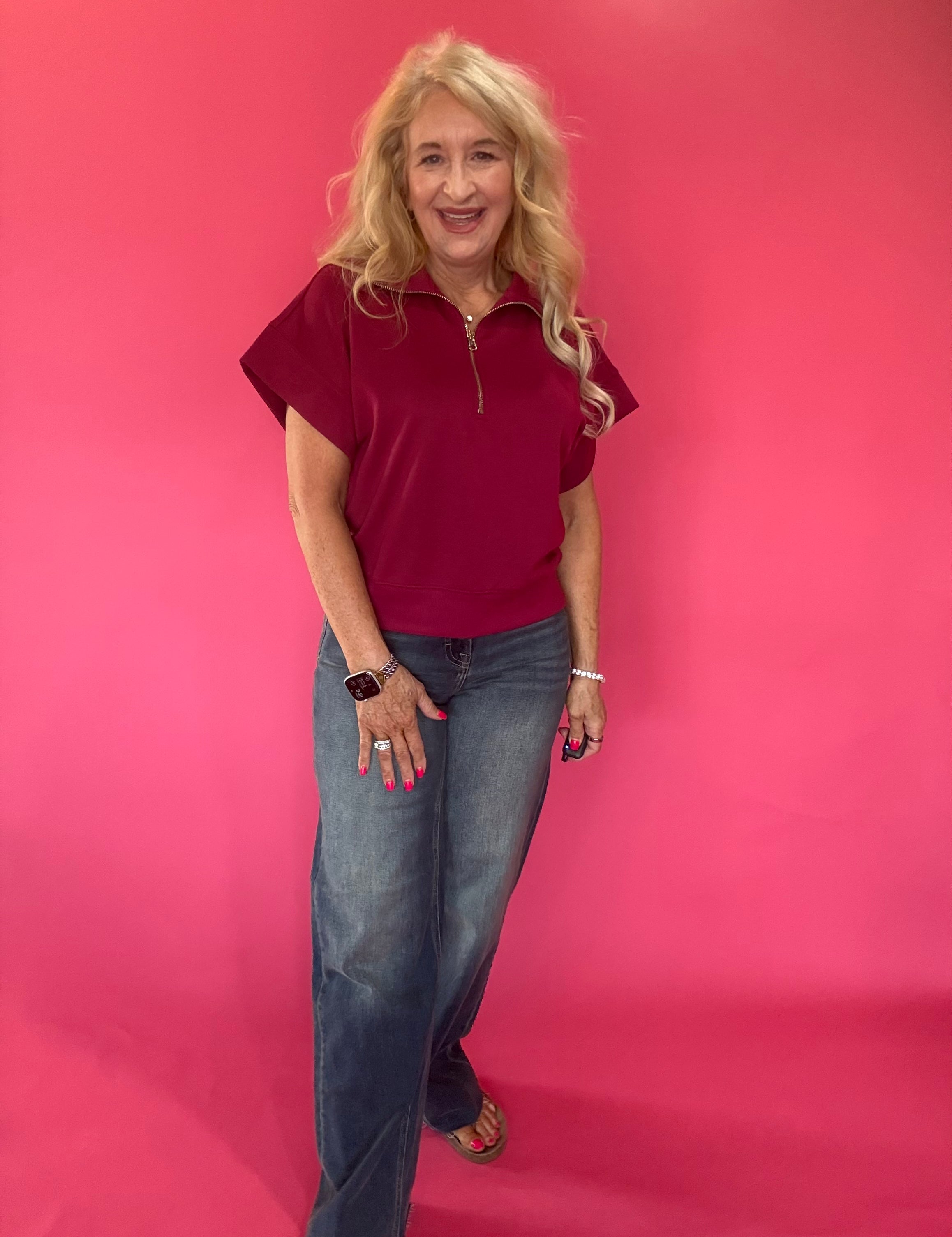Cabernet Scuba Knit Half Zip Mock Neck Top