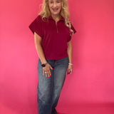 Cabernet Scuba Knit Half Zip Mock Neck Top