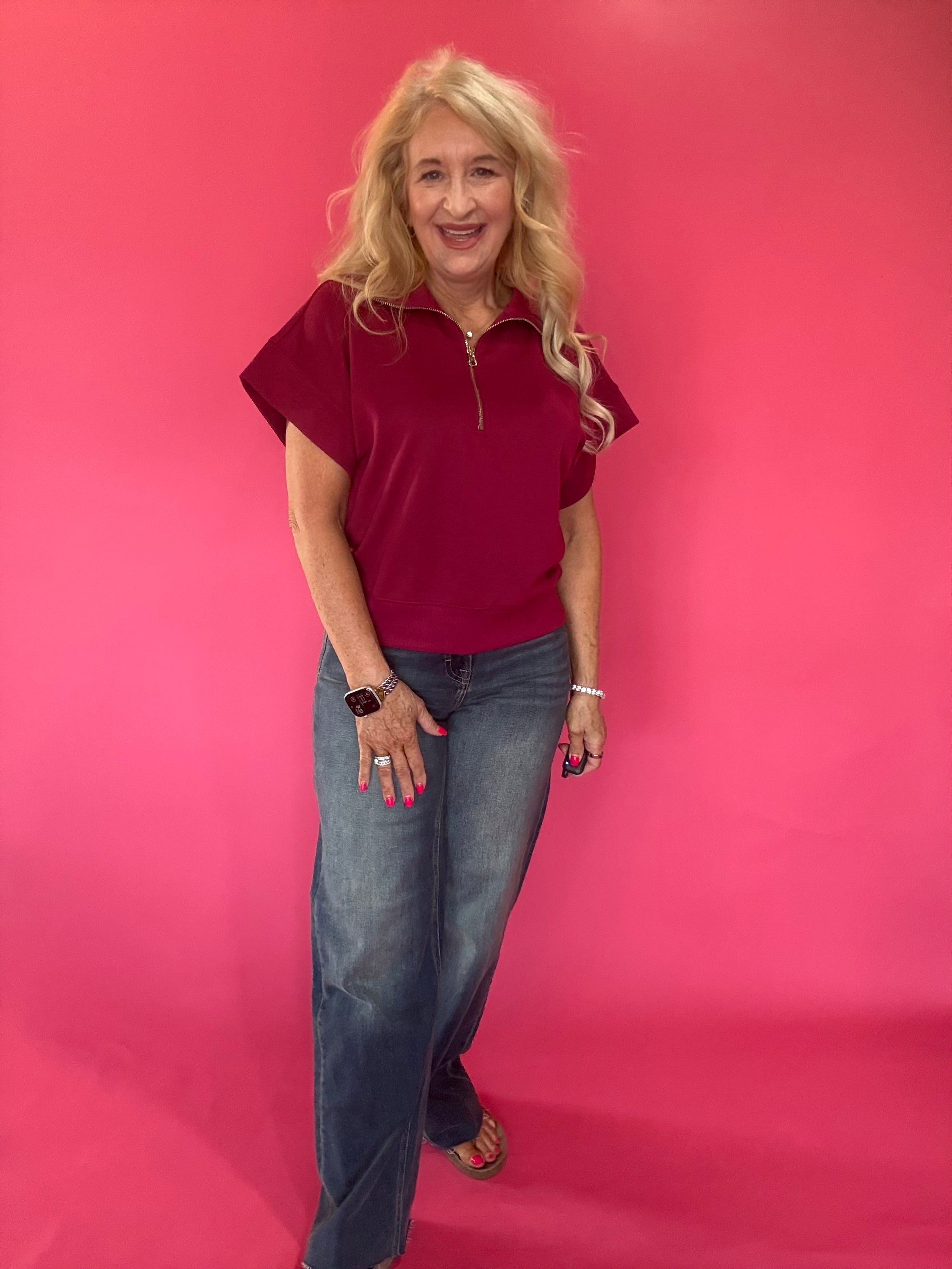 Cabernet Scuba Knit Half Zip Mock Neck Top