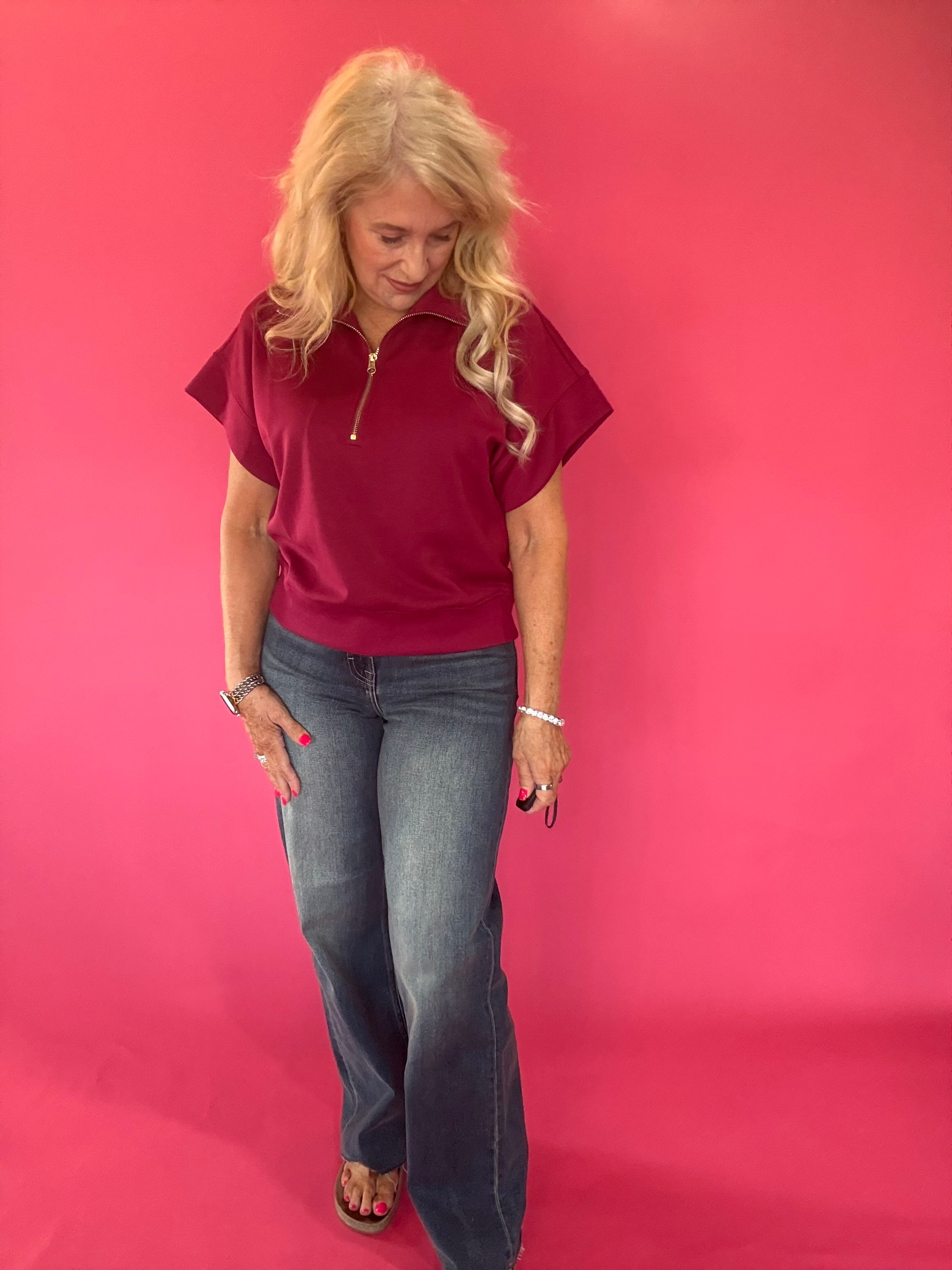 Cabernet Scuba Knit Half Zip Mock Neck Top