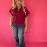 Cabernet Scuba Knit Half Zip Mock Neck Top