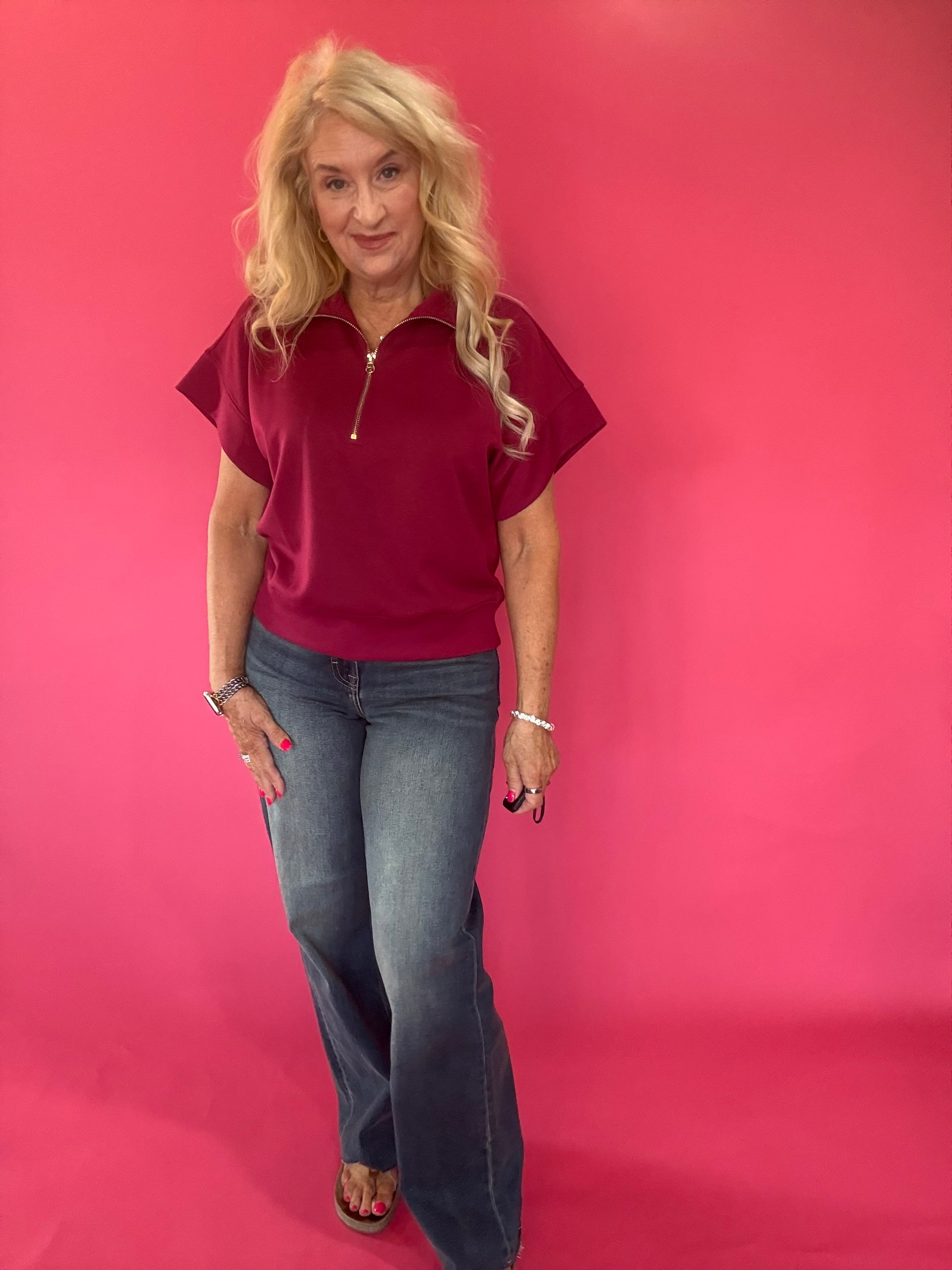 Cabernet Scuba Knit Half Zip Mock Neck Top