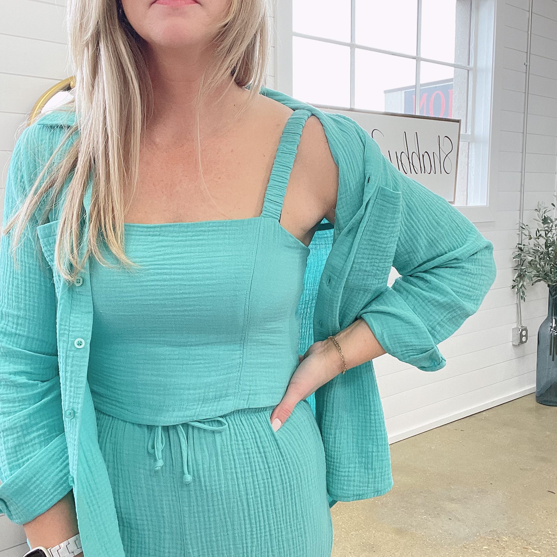 Cambria Gauze Top in Cabana Green