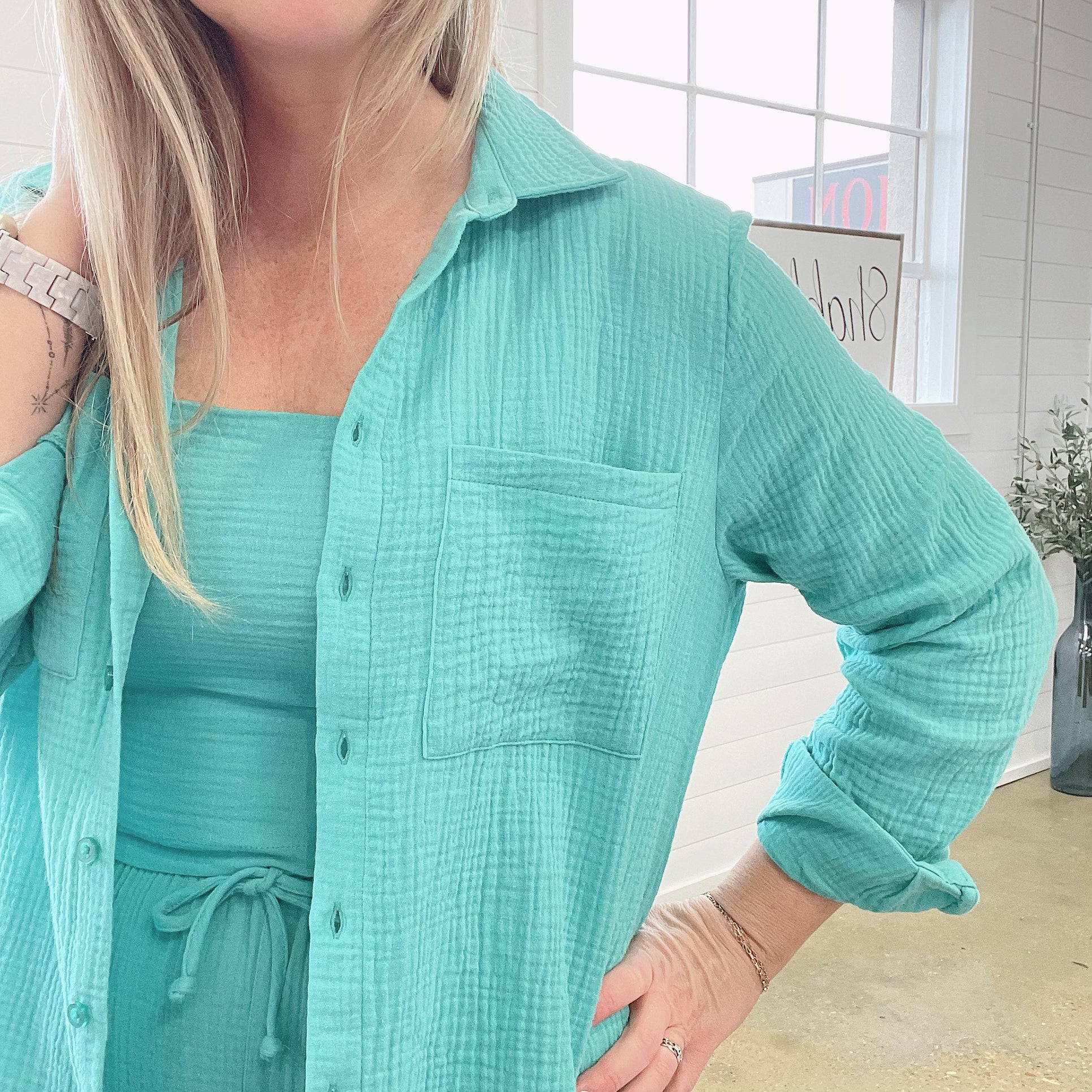 Cambria Gauze Top in Cabana Green