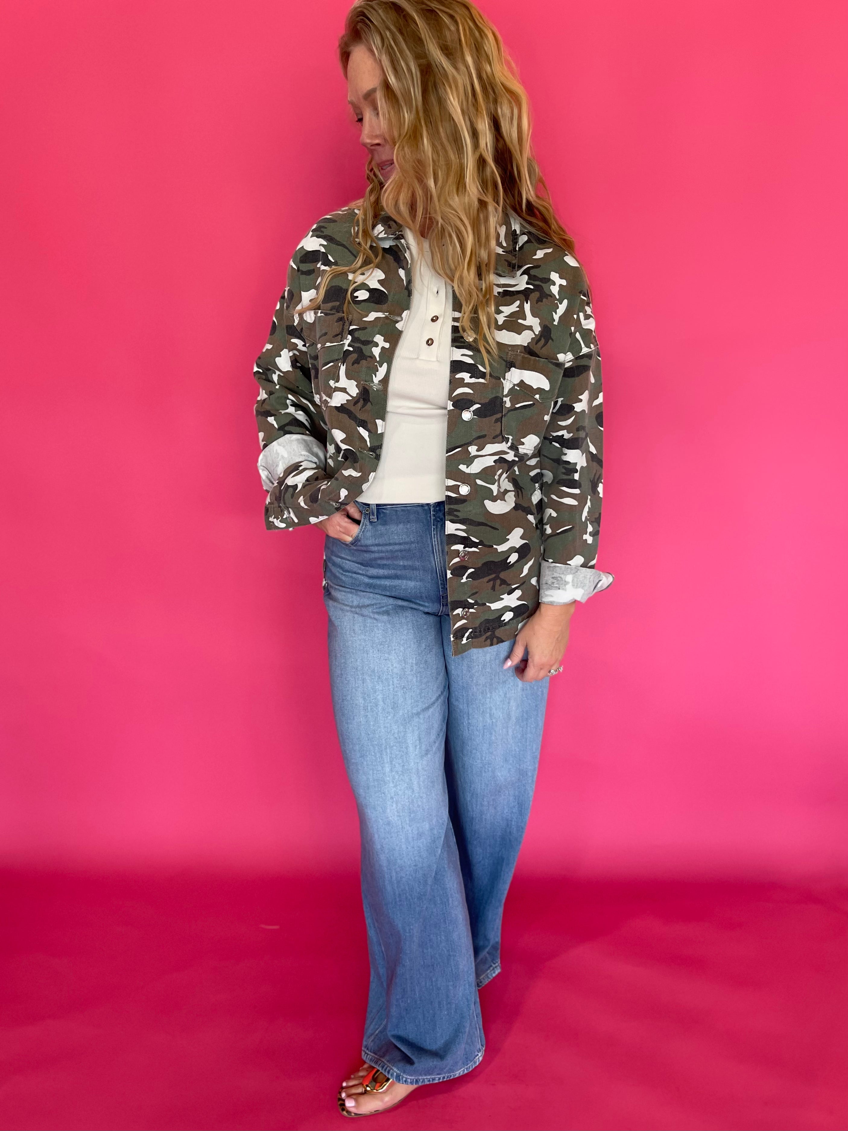 Close-up of the green camouflage print fabric and chest pocket flap on the jacket