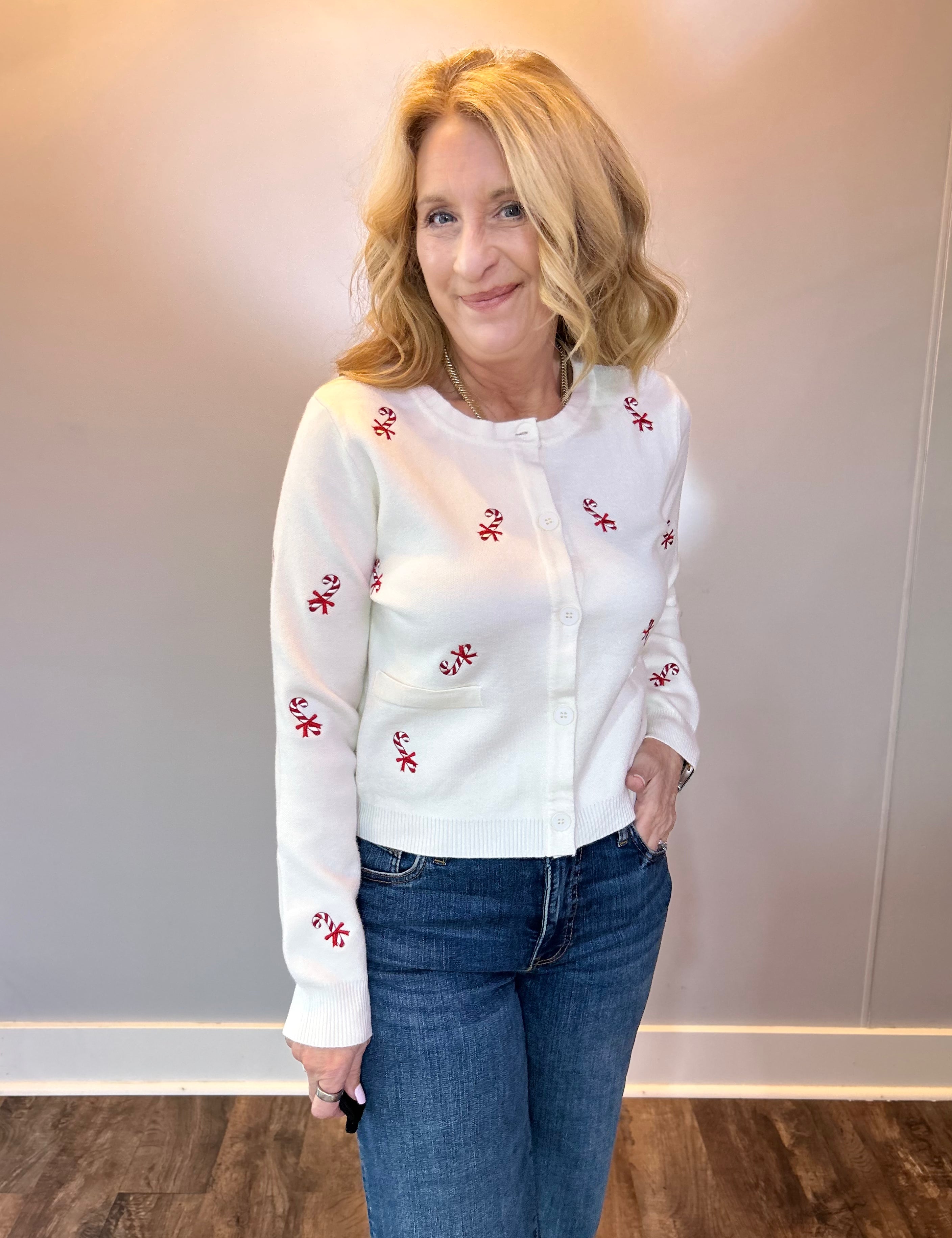 Candy Cane Lane Embroidered Button-Up Cardigan