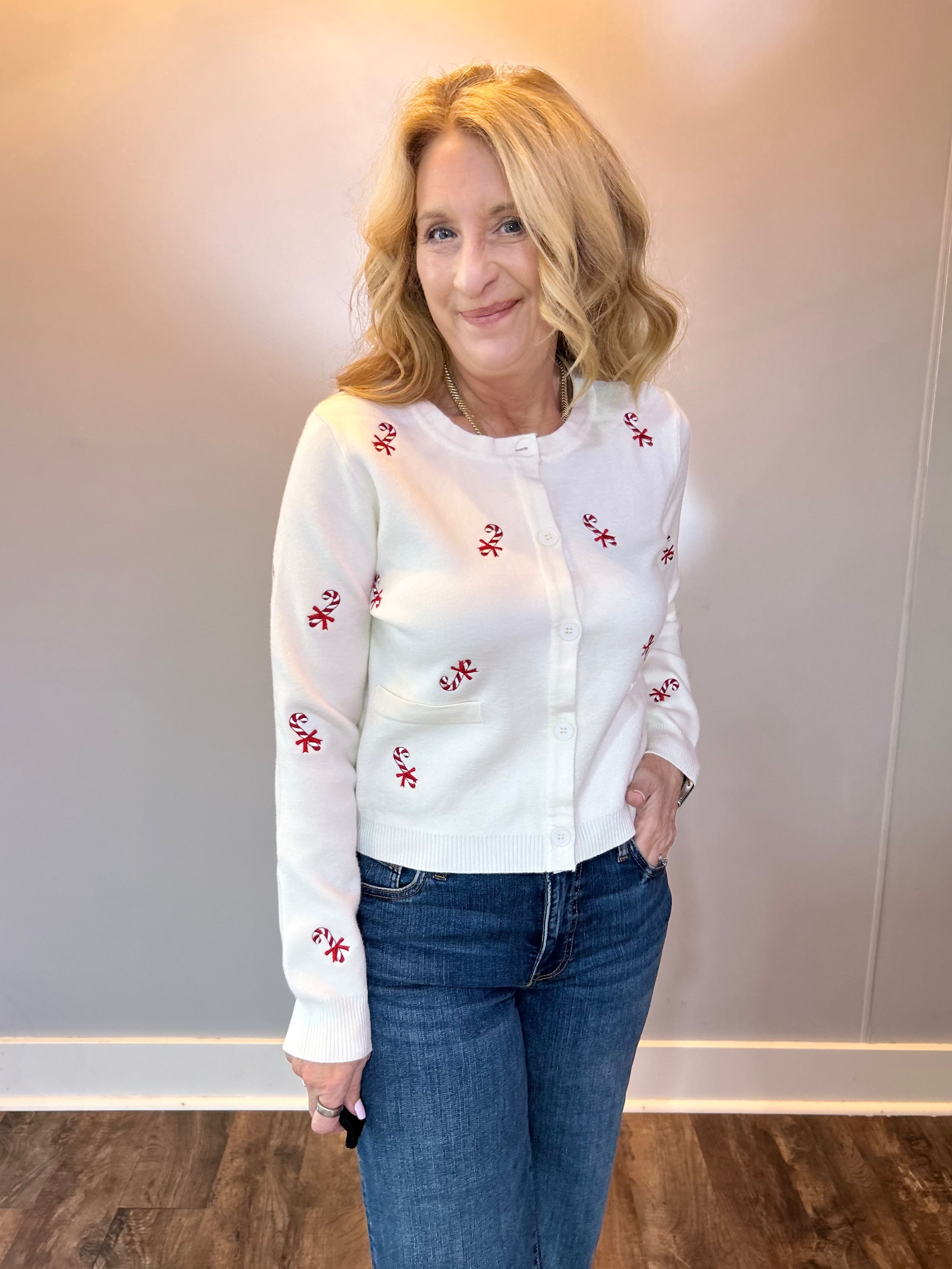 Candy Cane Lane Embroidered Button-Up Cardigan