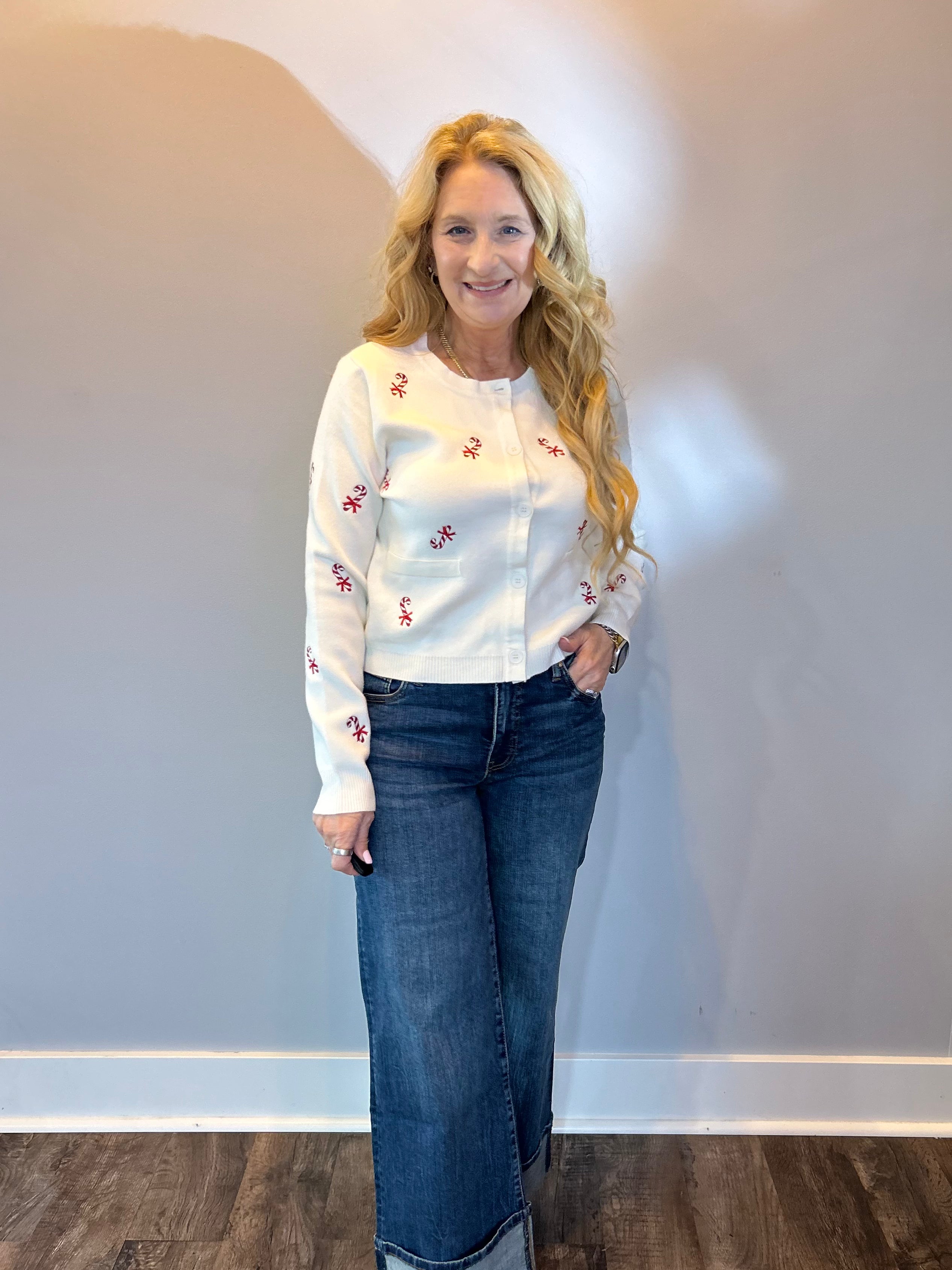 Candy Cane Lane Embroidered Button-Up Cardigan