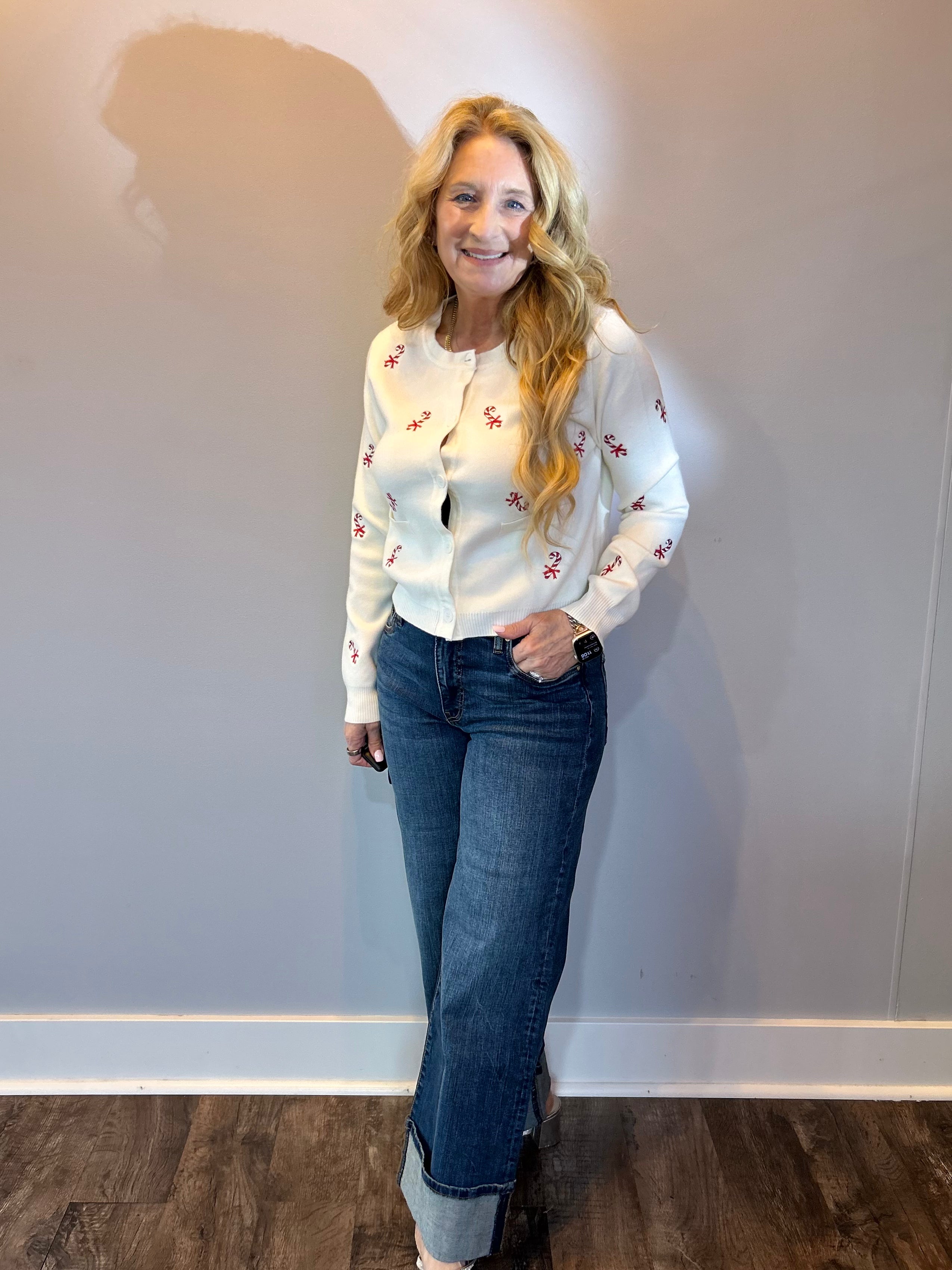 Candy Cane Lane Embroidered Button-Up Cardigan