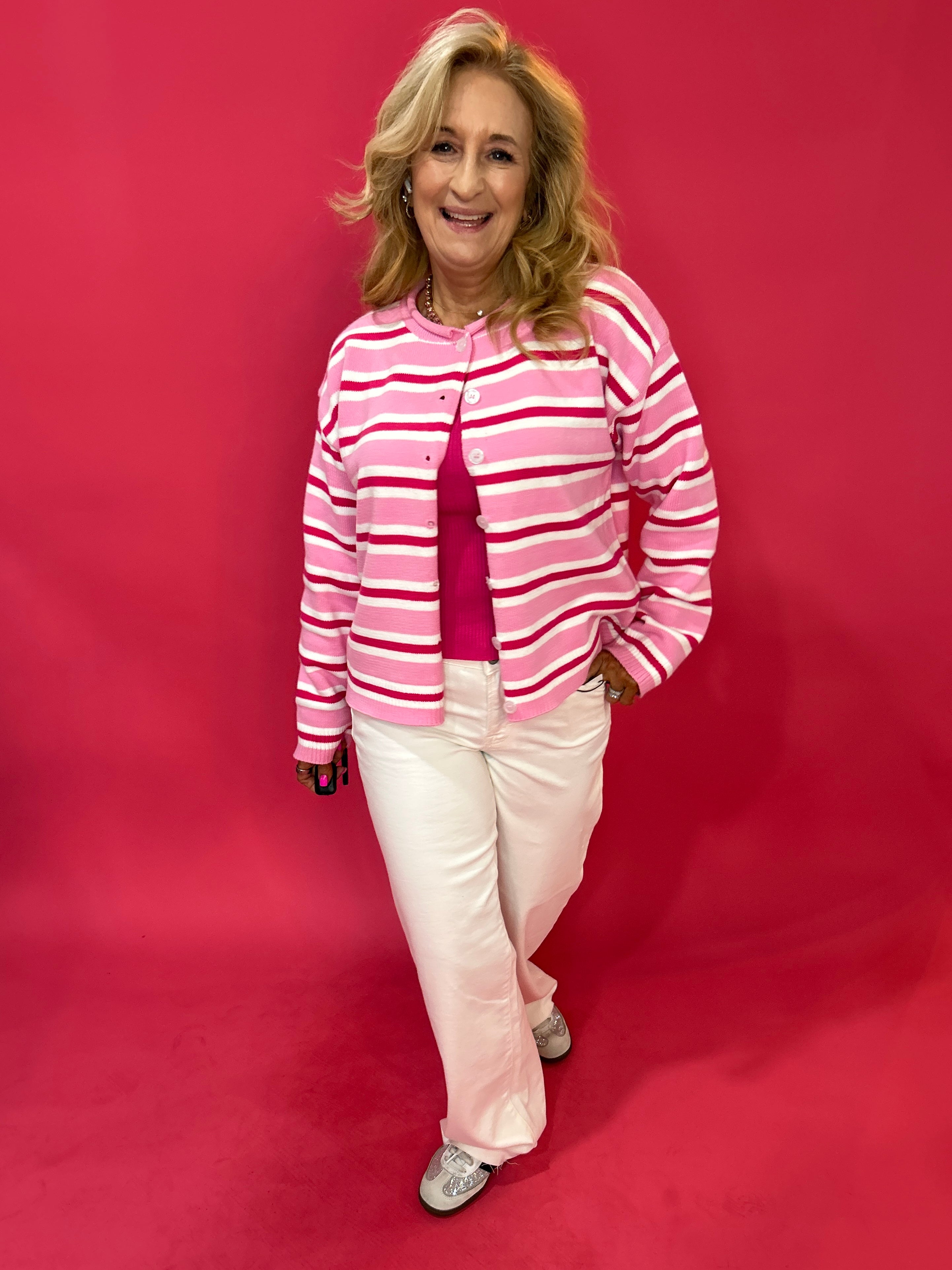 Candy Stripe Button-Up Cardigan in Pink - Shabby 2 Chic Boutiques