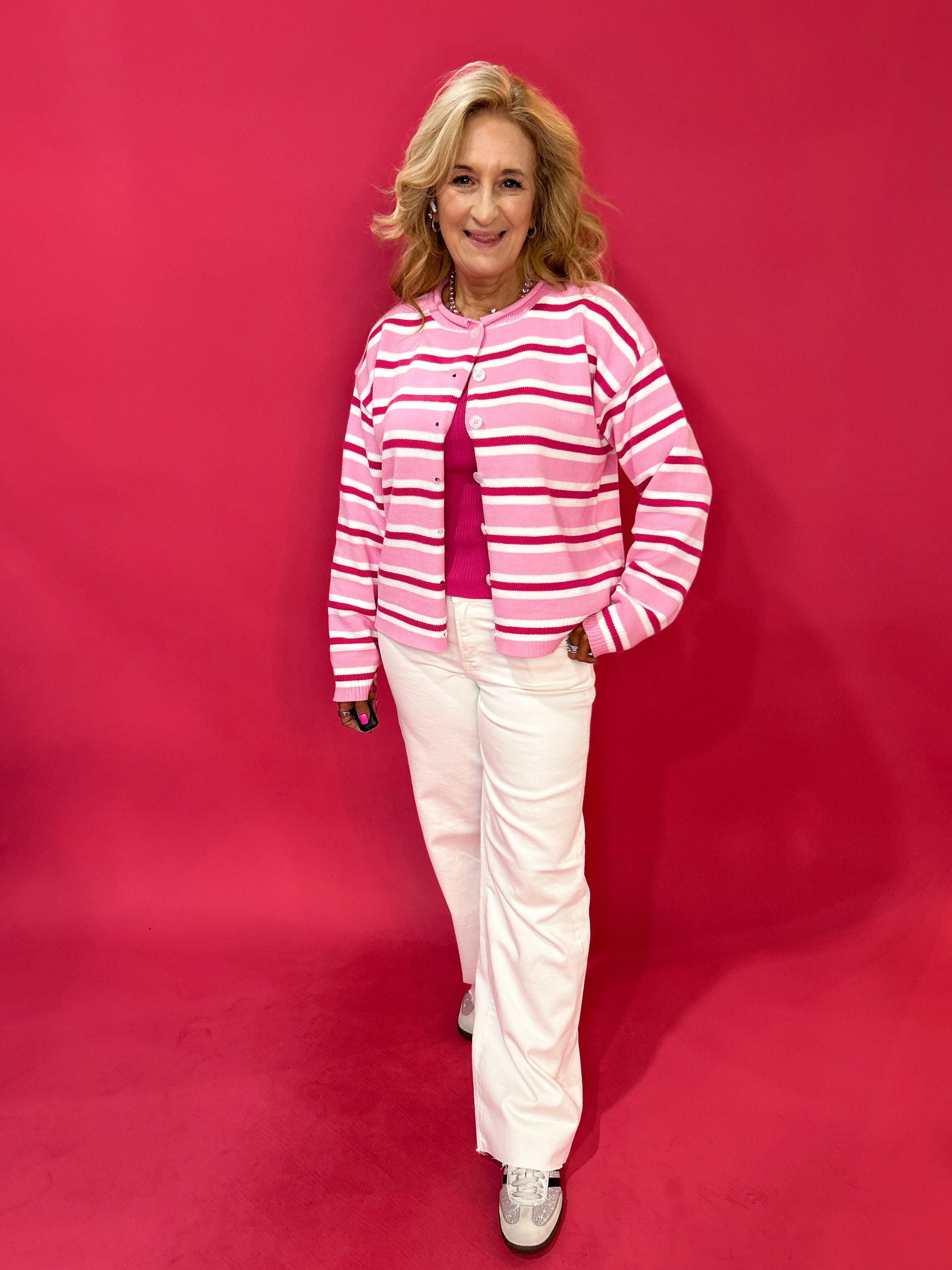 Candy Stripe Button-Up Cardigan in Pink - Shabby 2 Chic Boutiques
