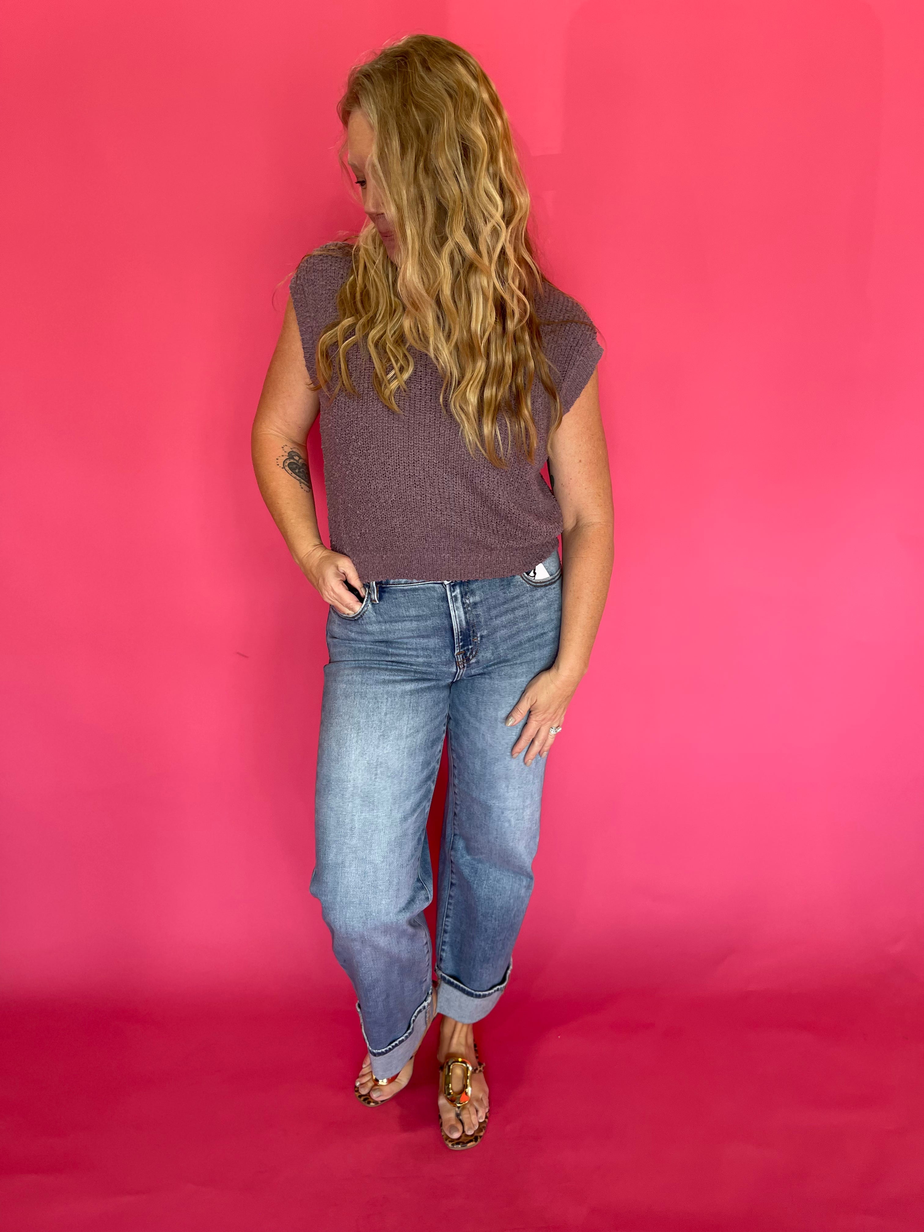 Cap Sleeve Textured Knit Top in Muted Raisin