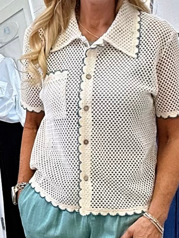 Casey Short Sleeves Button Down Crochet Shirt