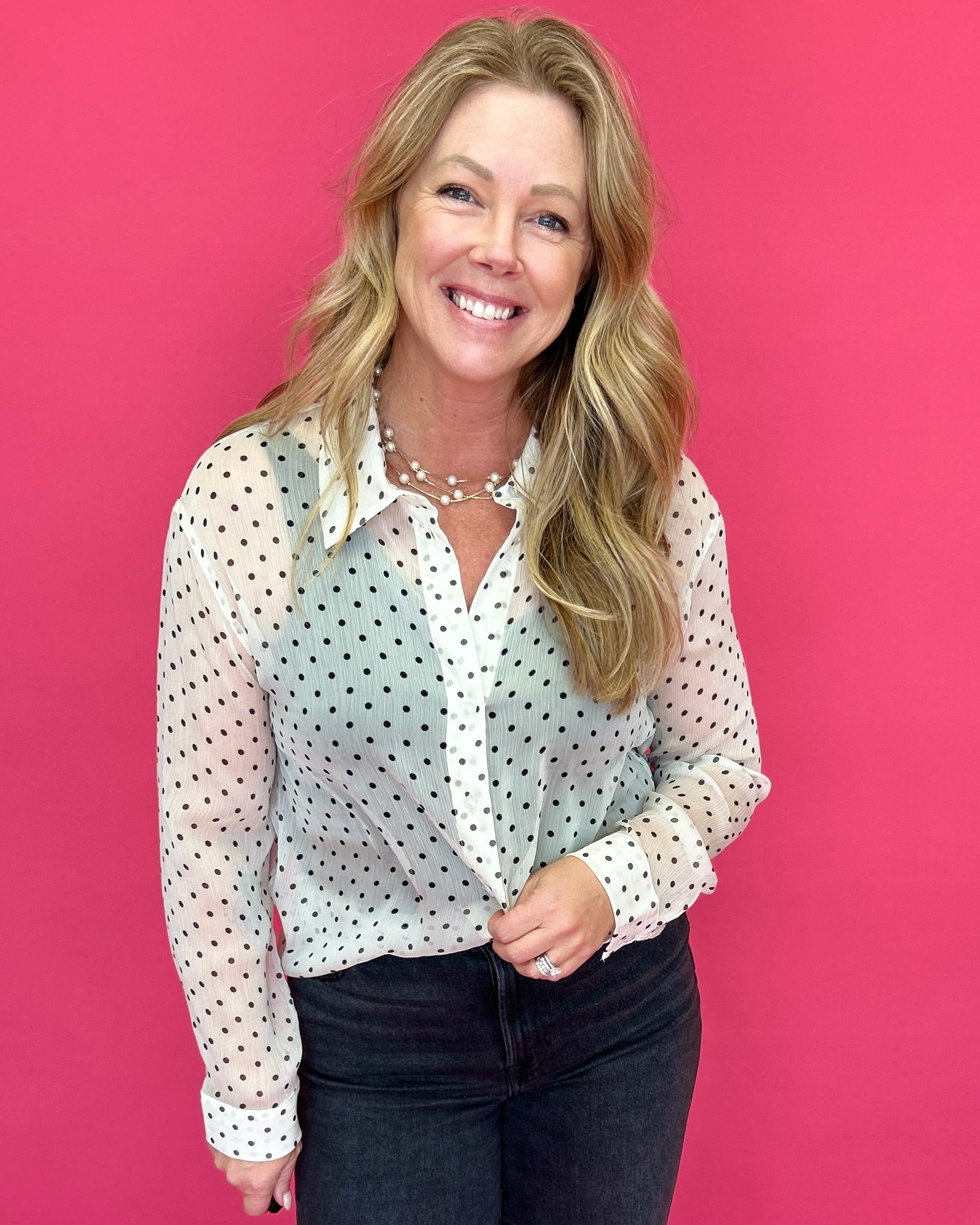 Cecilia Polka Dot Button-Up Blouse in Ivory - Shabby 2 Chic Boutiques