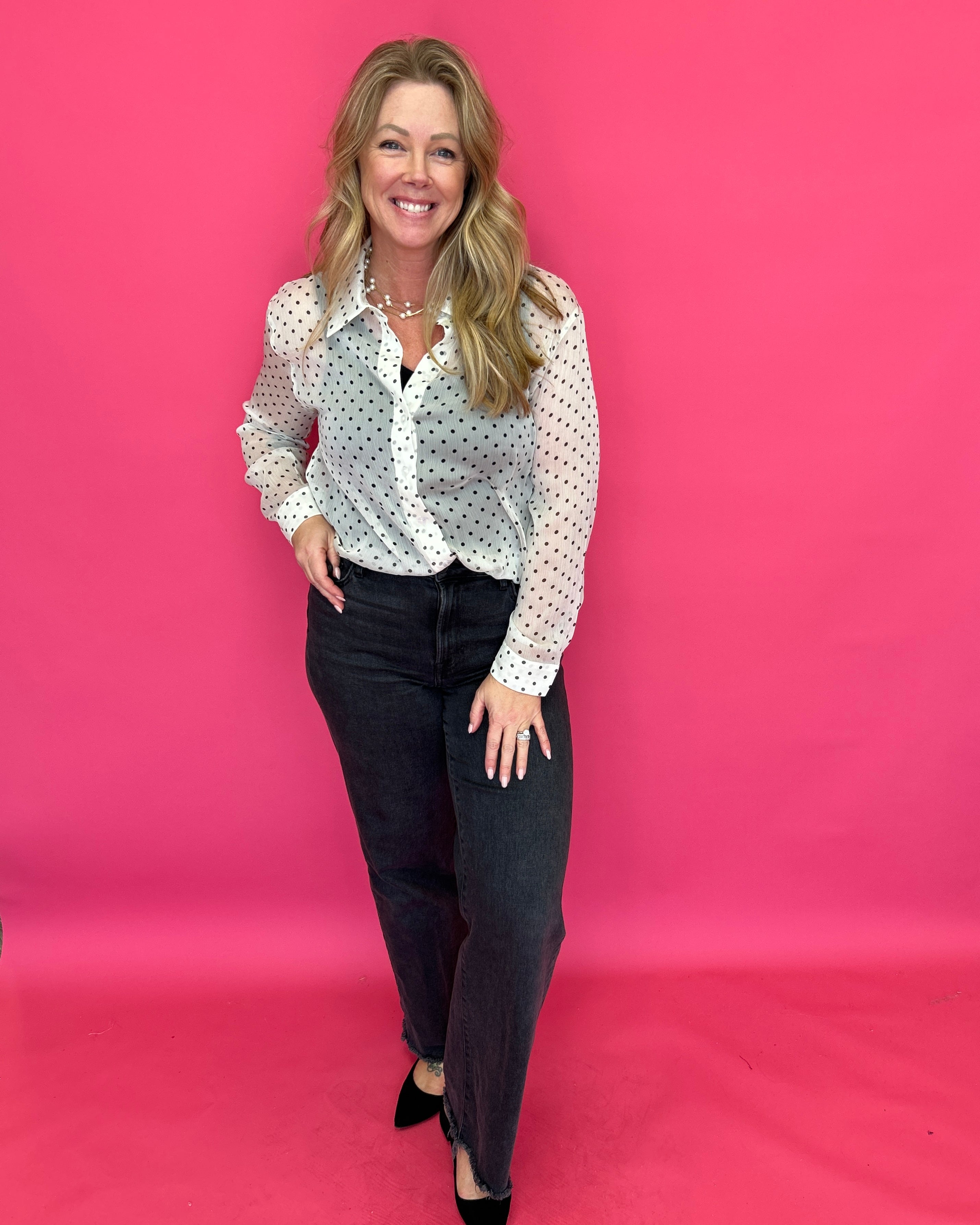 Cecilia Polka Dot Button-Up Blouse in Ivory - Shabby 2 Chic Boutiques