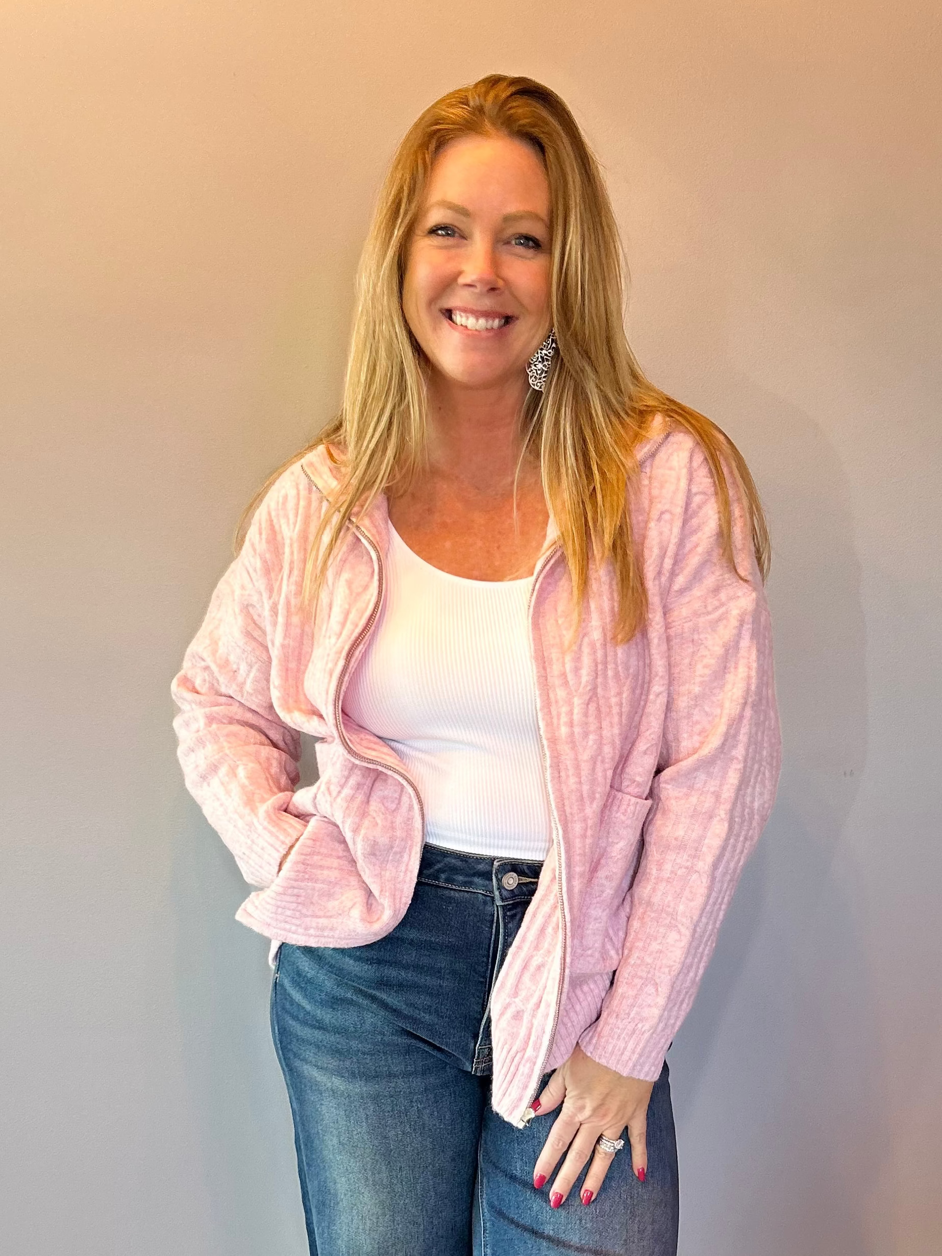 Chalet Charm Cable Knit Zip Jacket in Pink