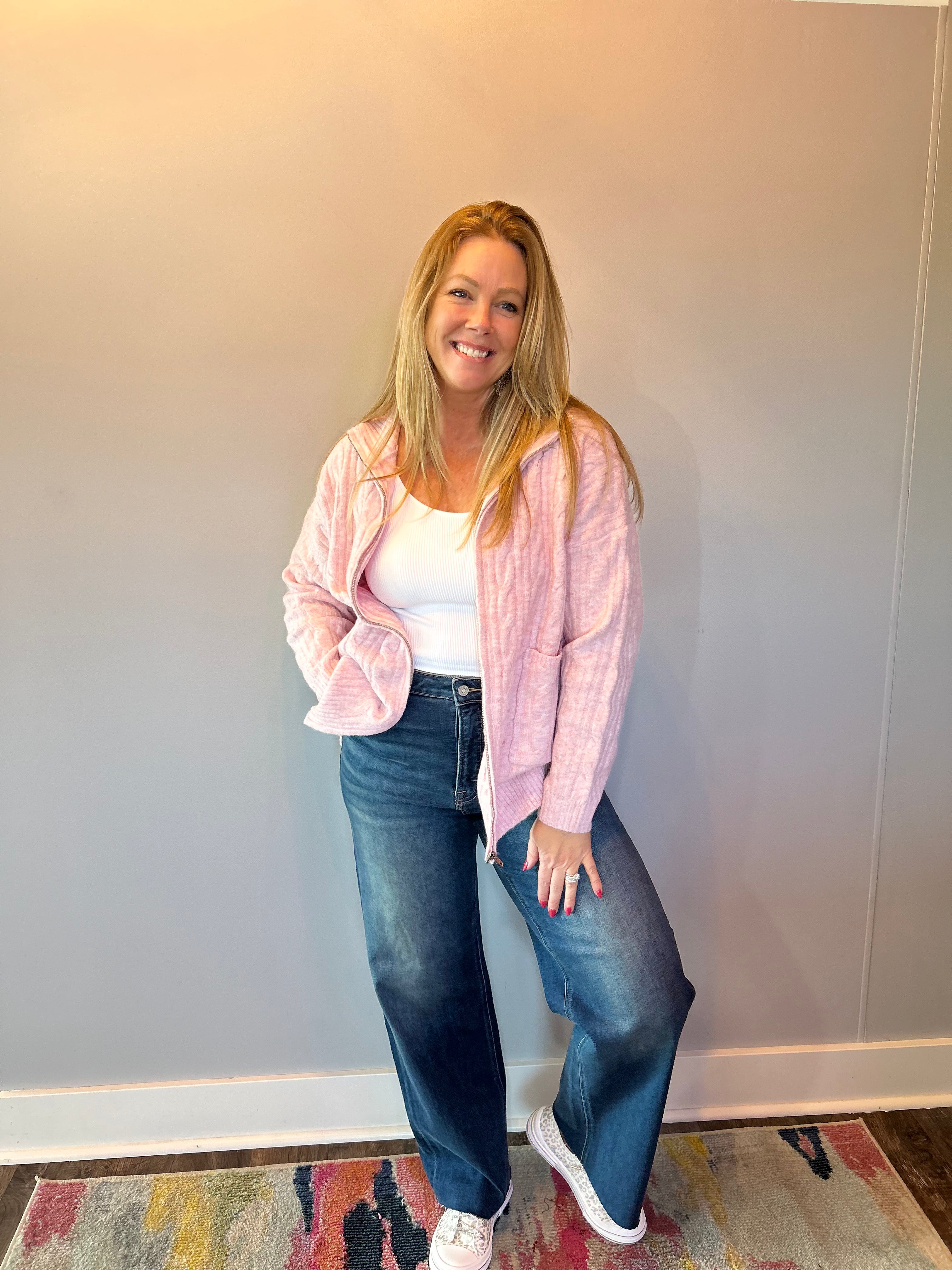 Chalet Charm Cable Knit Zip Jacket in Pink