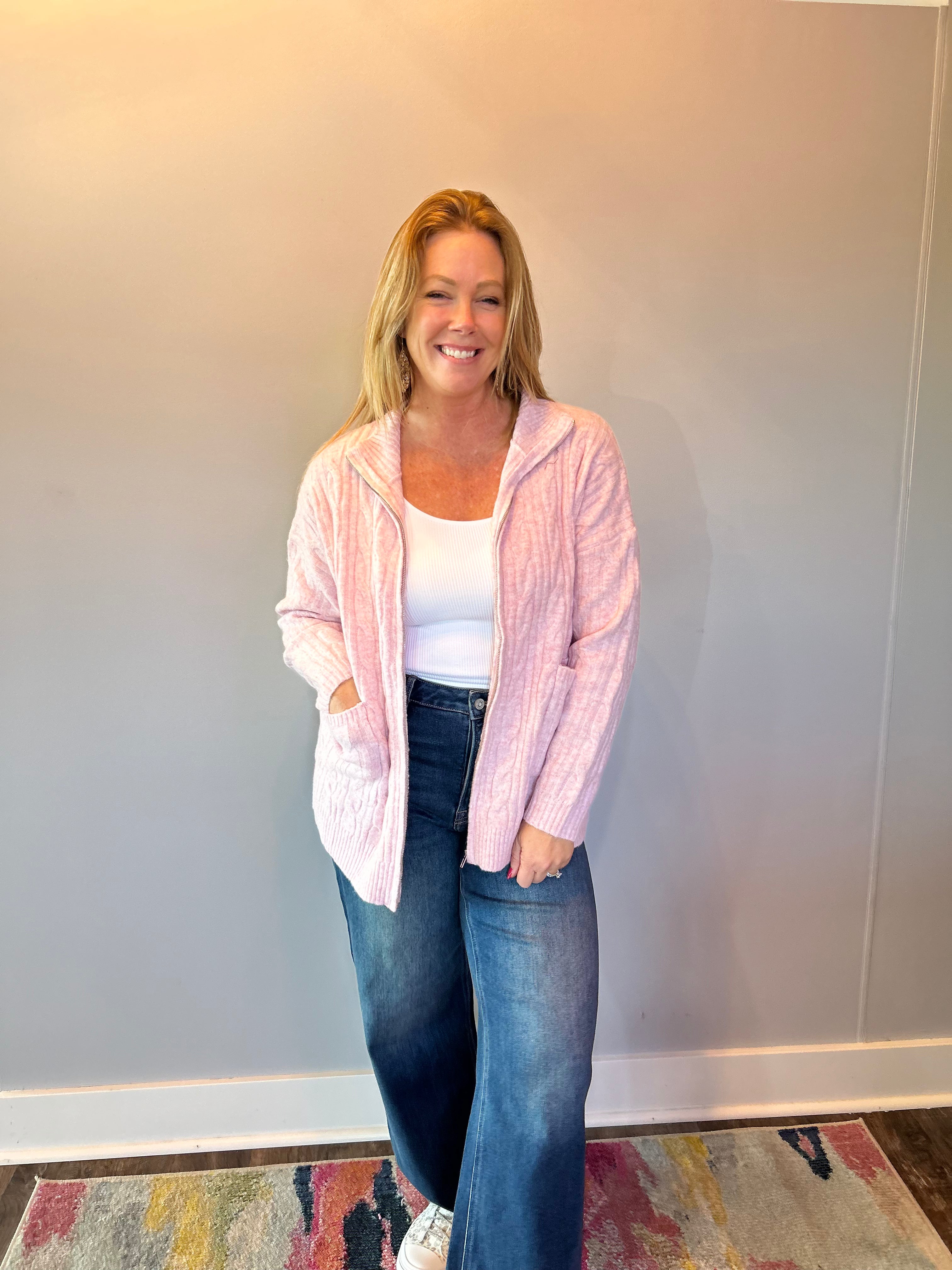 Chalet Charm Cable Knit Zip Jacket in Pink