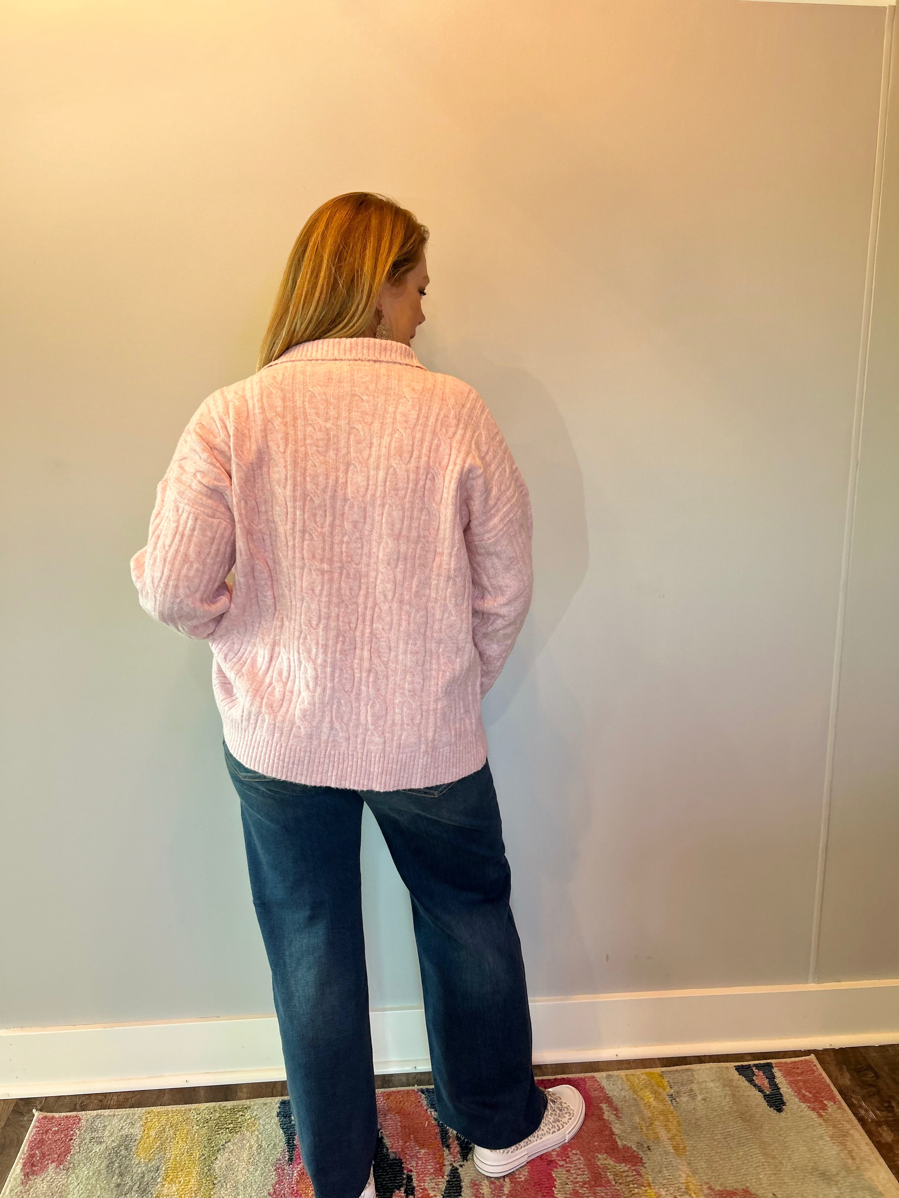 Chalet Charm Cable Knit Zip Jacket in Pink